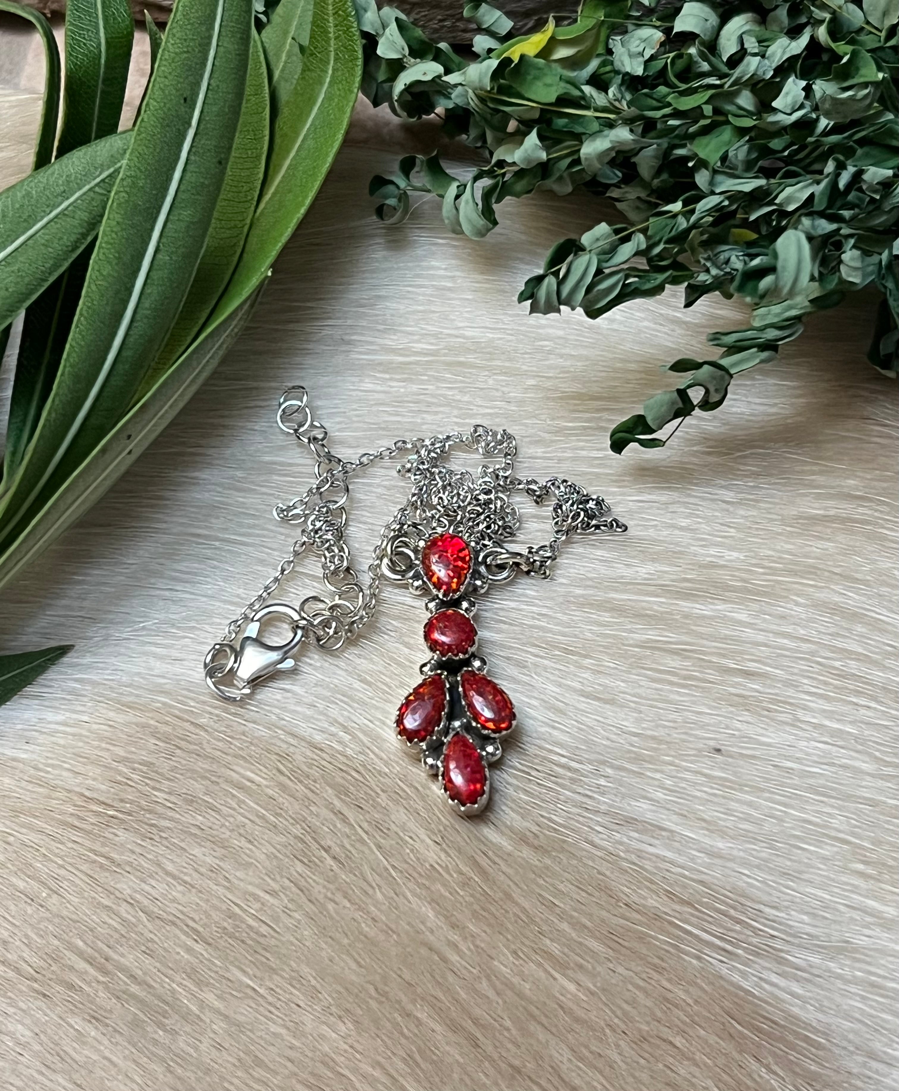 Handmade Fire Red Opal Tear Drop Cluster Sterling Silver Necklace