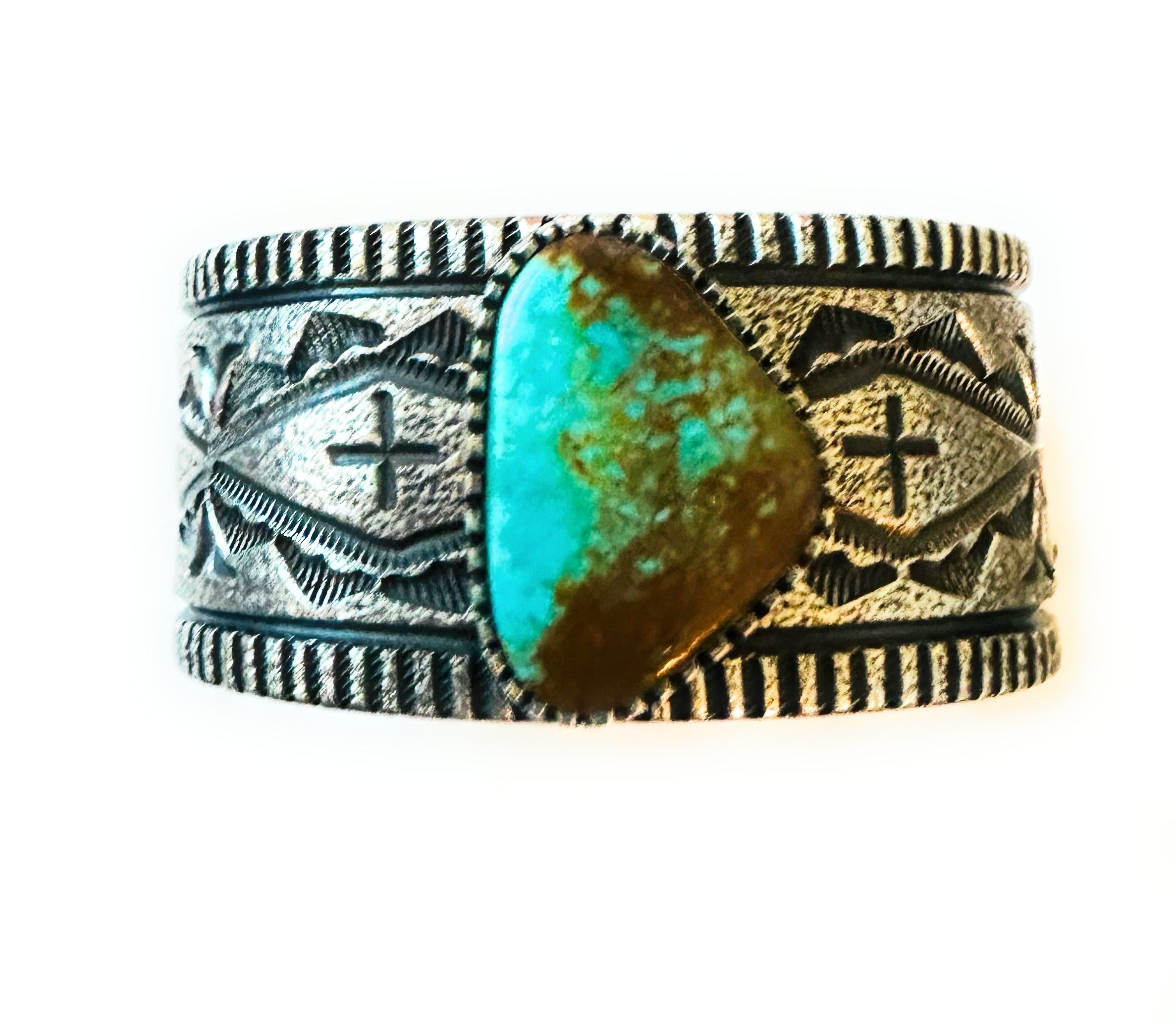 Handcrafted Royston Turquoise & Sterling Silver Tufa Cast Cuff Bracelet Signed
