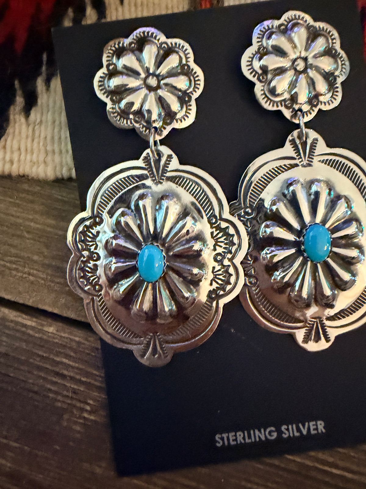 Handcrafted Turquoise & Sterling Silver Concho Dangle Earrings by Genevieve Blackgoat