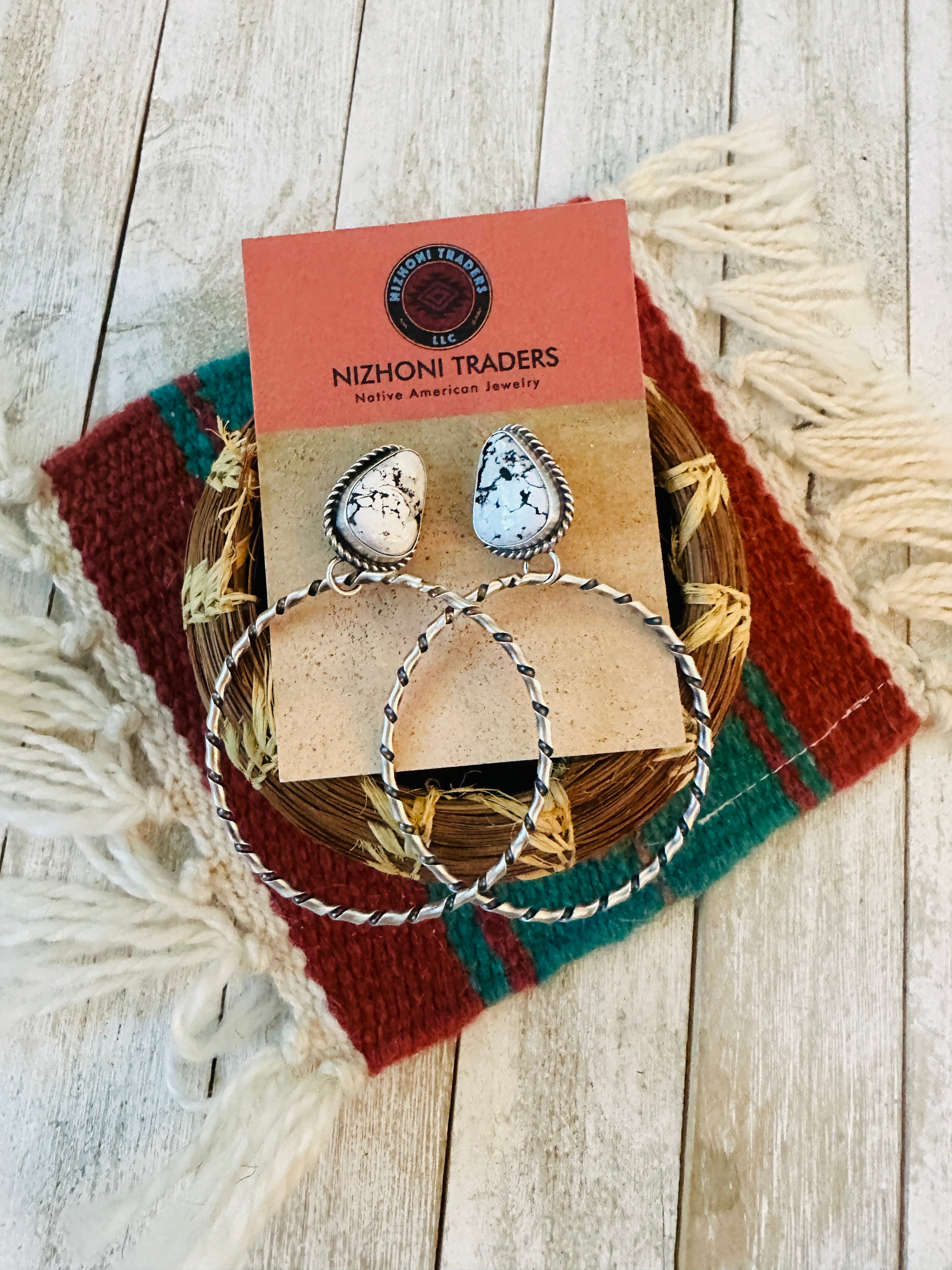 Navajo White Buffalo and Sterling Silver Dangle Hoop Earrings