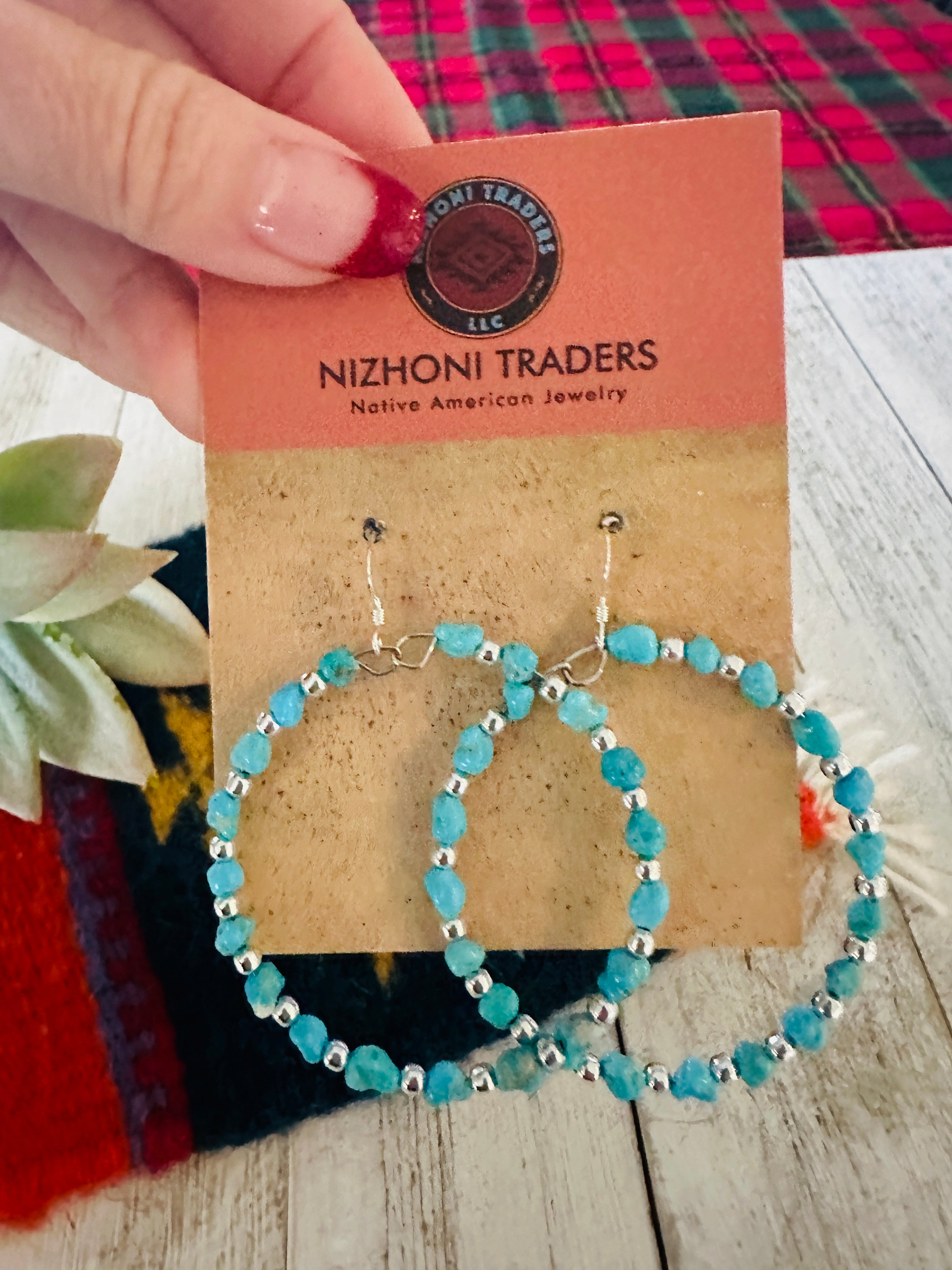 Handcrafted Turquoise & Sterling Silver Beaded Hoop Dangle Earrings