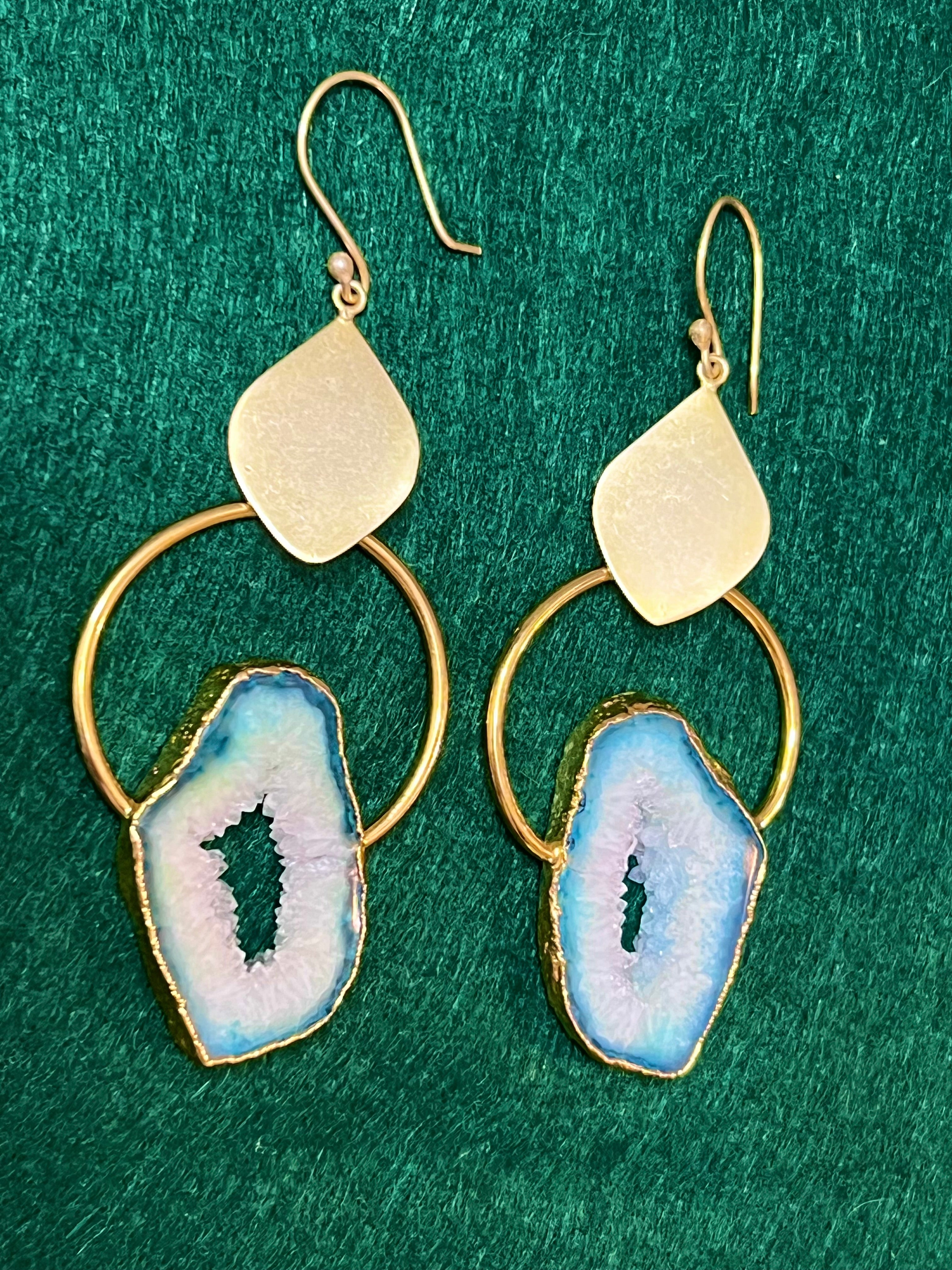 Handmade 14k Gold Druzy Plated Brass Blue Geode Wire Dangle Hoop Earrings