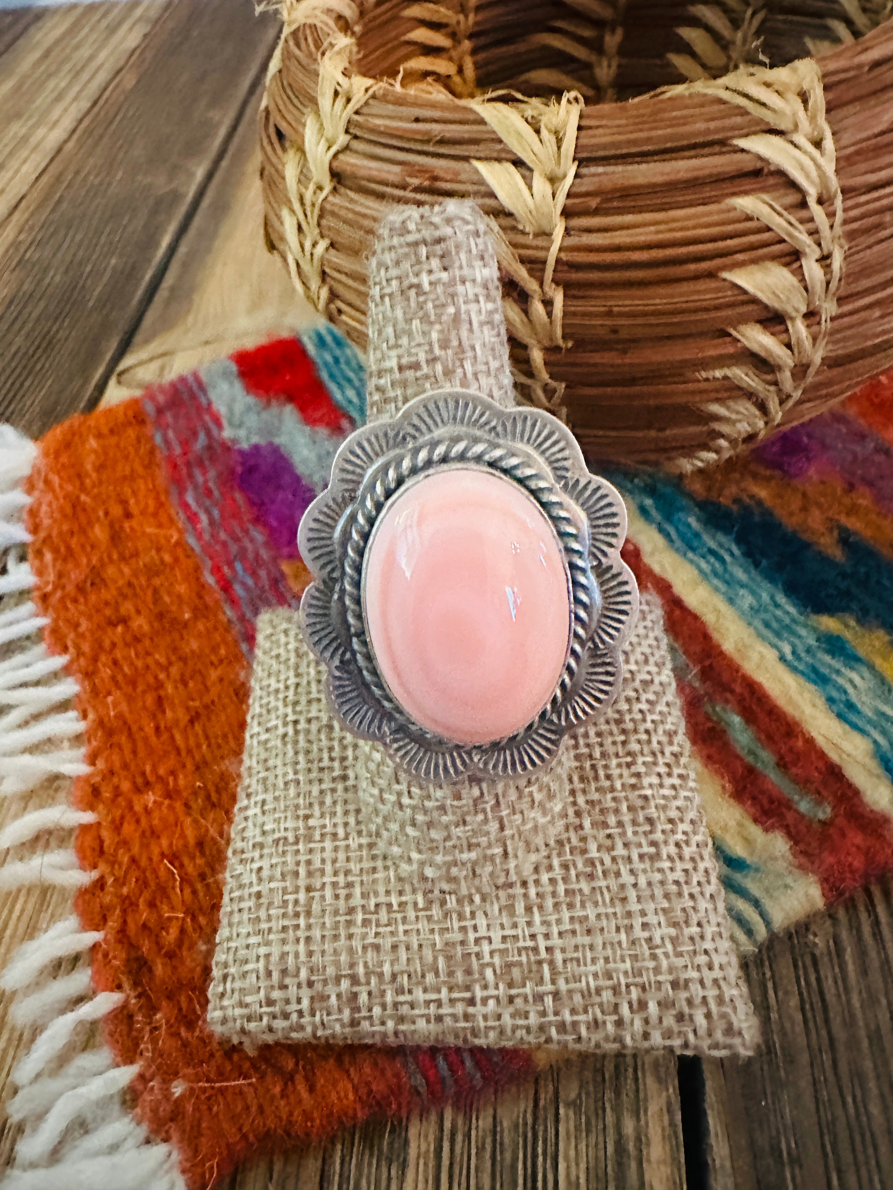 Handcrafted Queen Pink Conch & Sterling Silver Ring Size 9