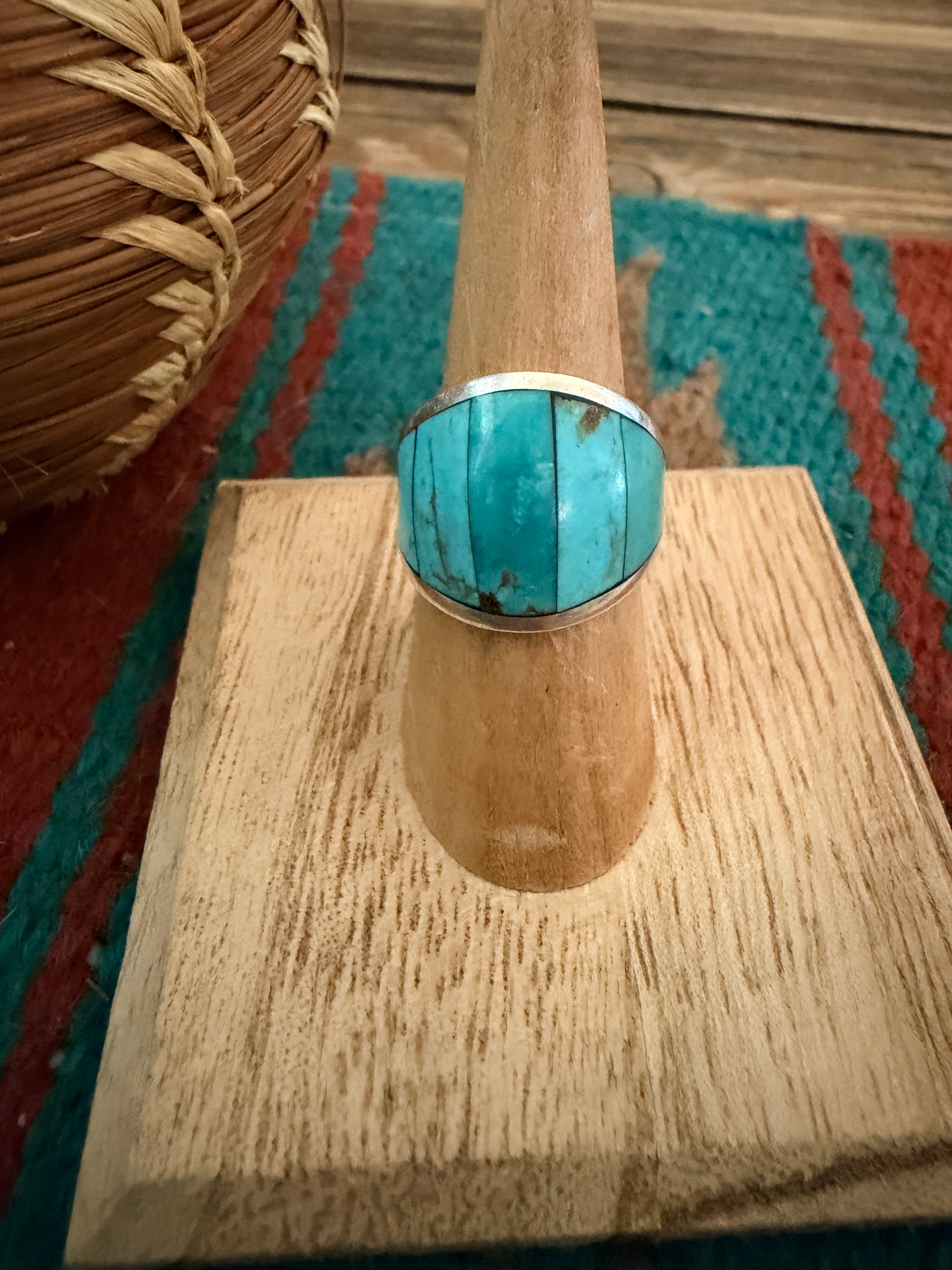 Old Pawn Handcrafted Turquoise & Sterling Silver Inlay Ring Size 6