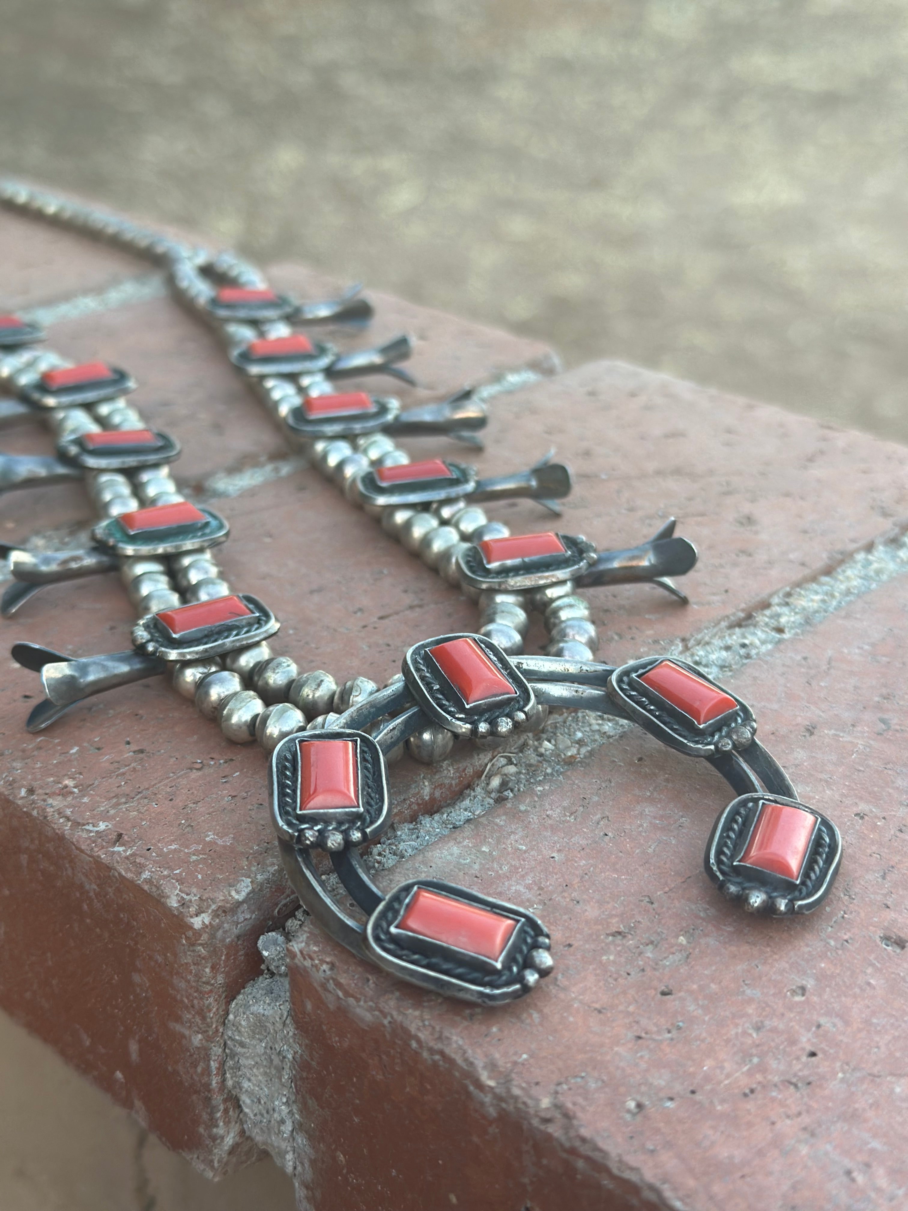 Vintage Navajo Coral & Sterling Silver Squash Blossom Necklace