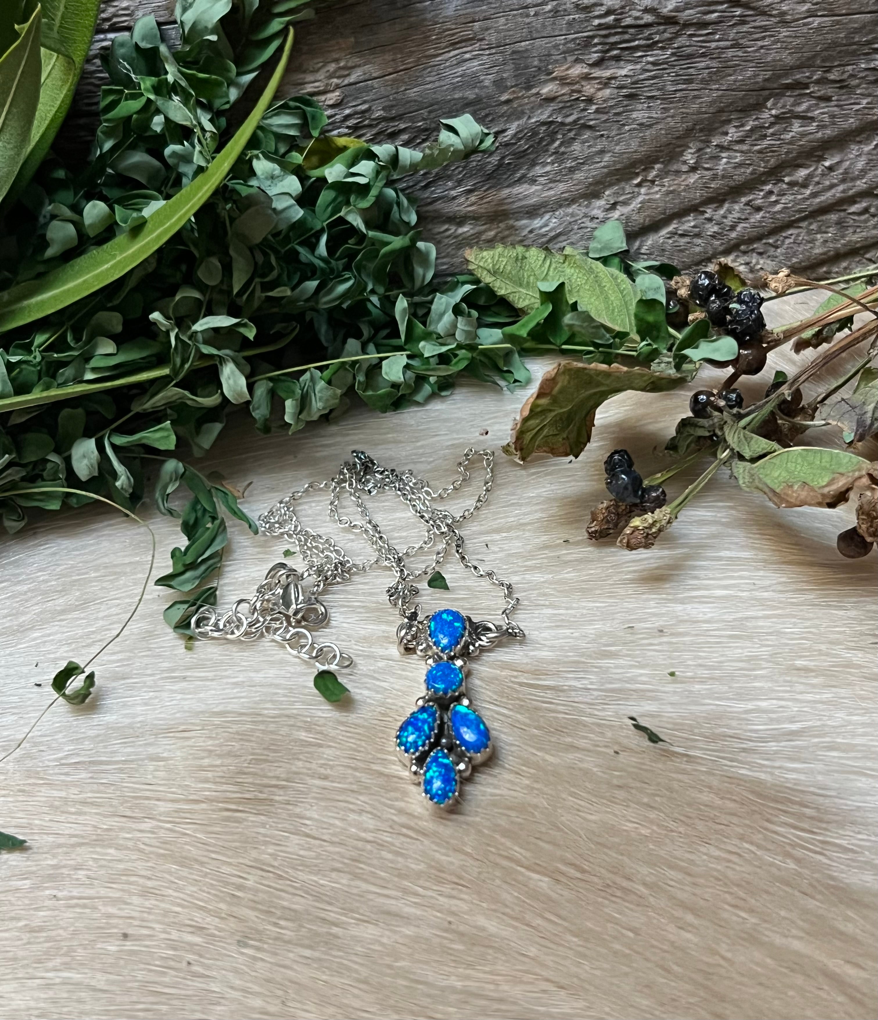 Handmade Blue Opal Tear Drop Cluster Sterling Silver Necklace