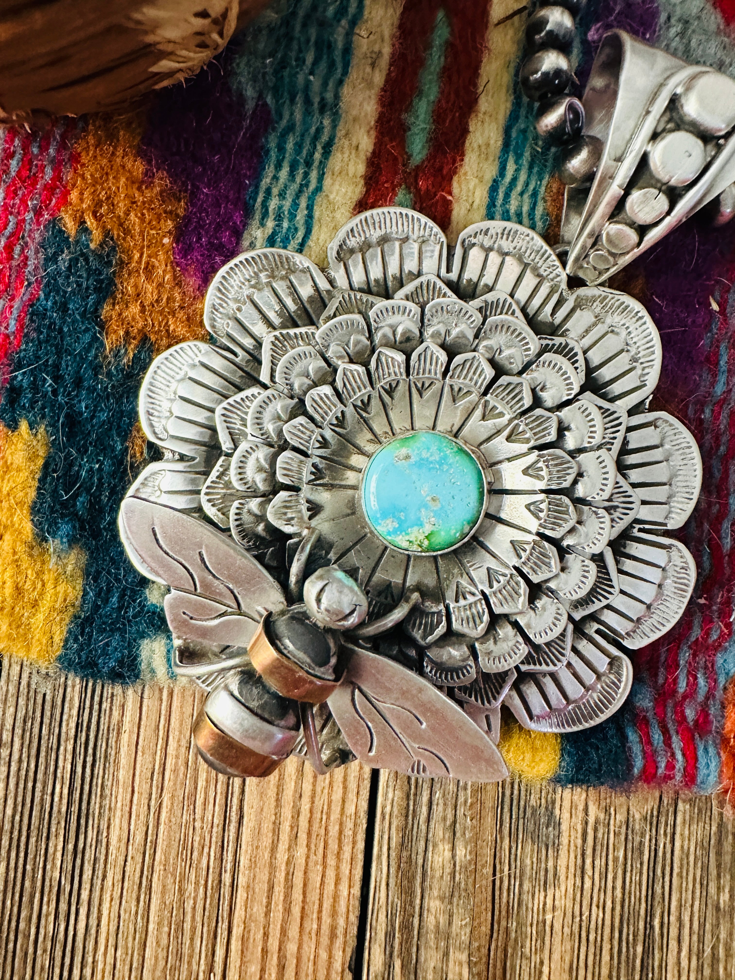 Handcrafted Sterling Silver & Turquoise Flower Bumblebee Pendant by Patrick Yazzie