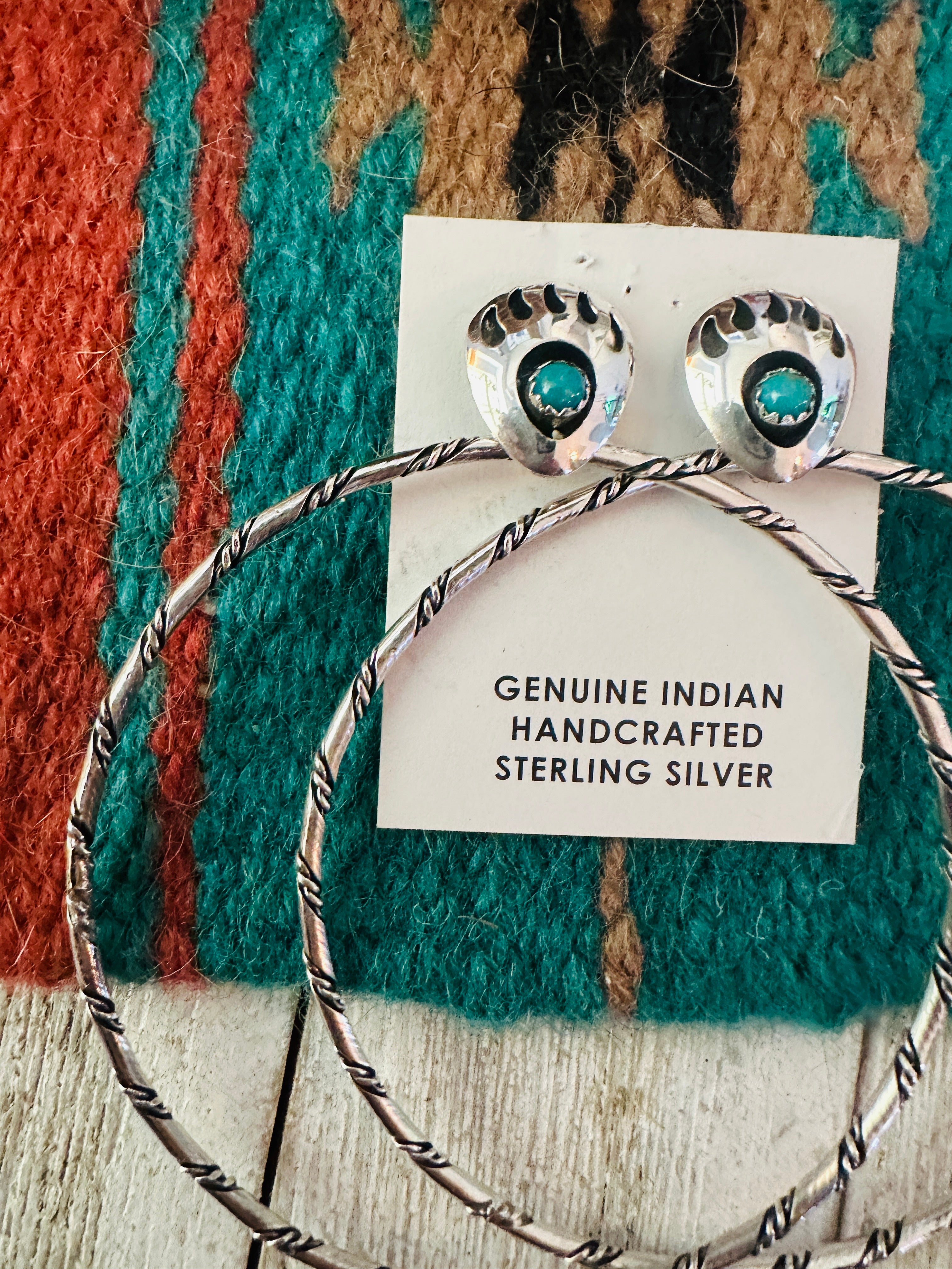 Handcrafted Turquoise & Sterling Silver Bear Paw Hoop Earrings