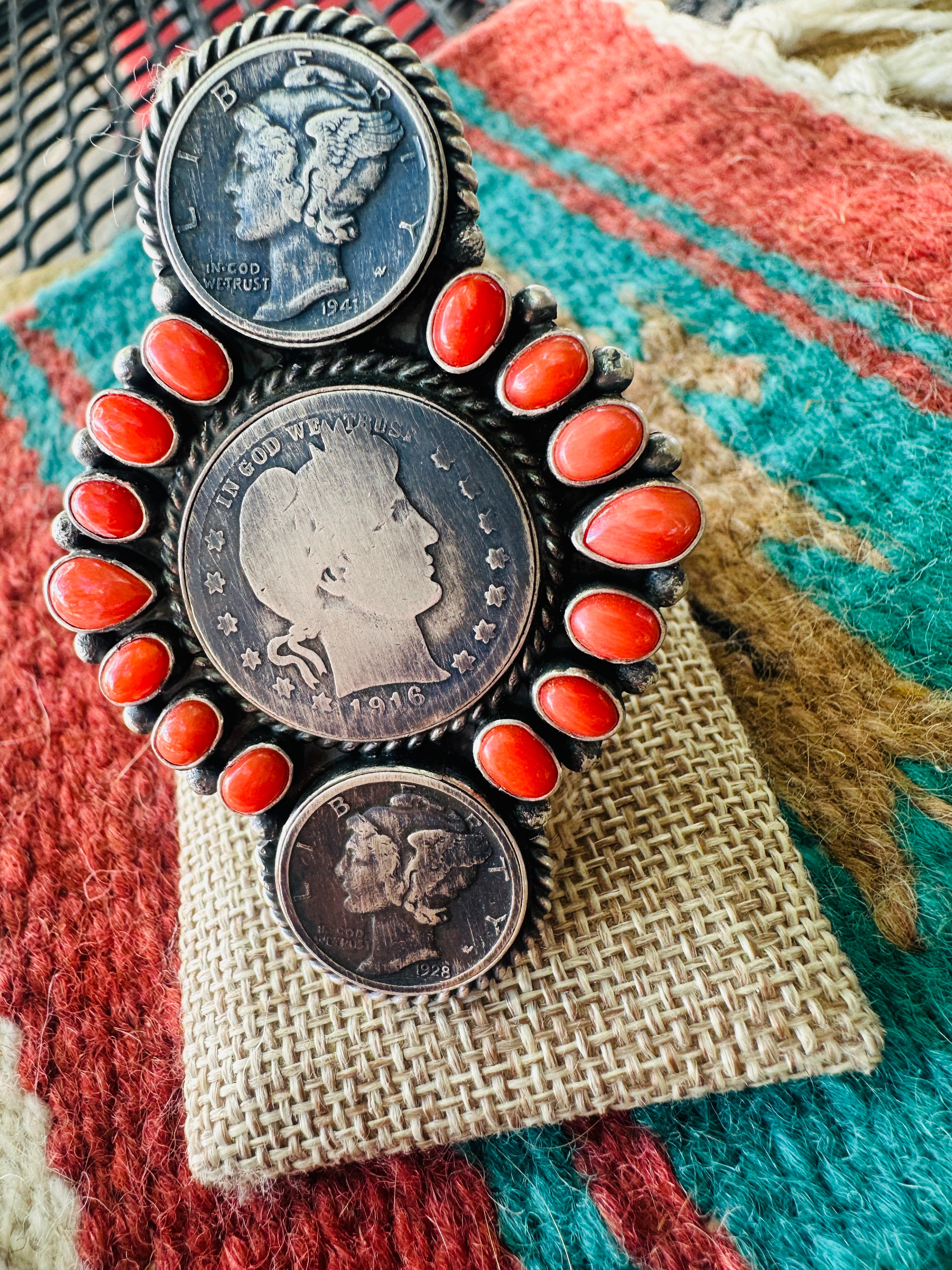 Handcrafted Sterling Silver & Coral Coin Ring Size 9