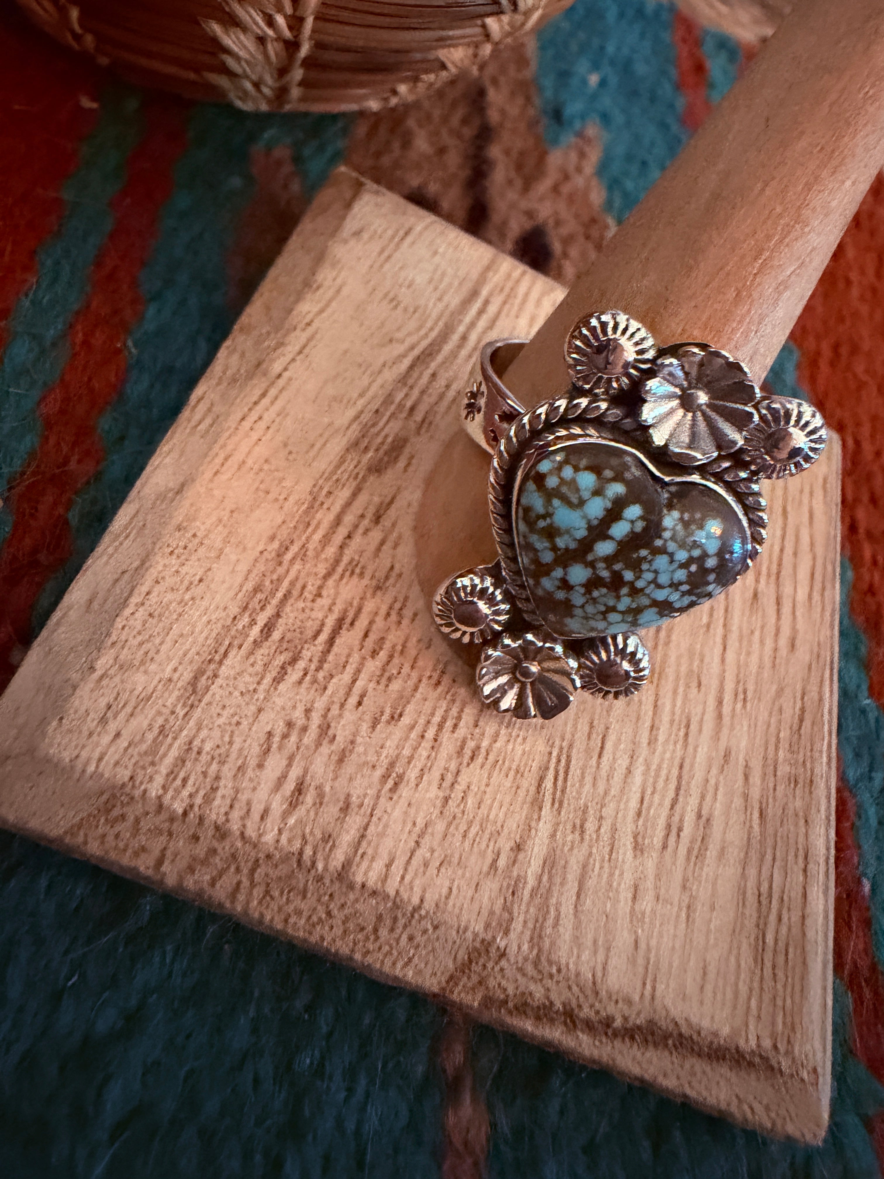 Handmade Sterling Silver Number 8 Turquoise Adjustable Heart Ring Signed Nizhoni