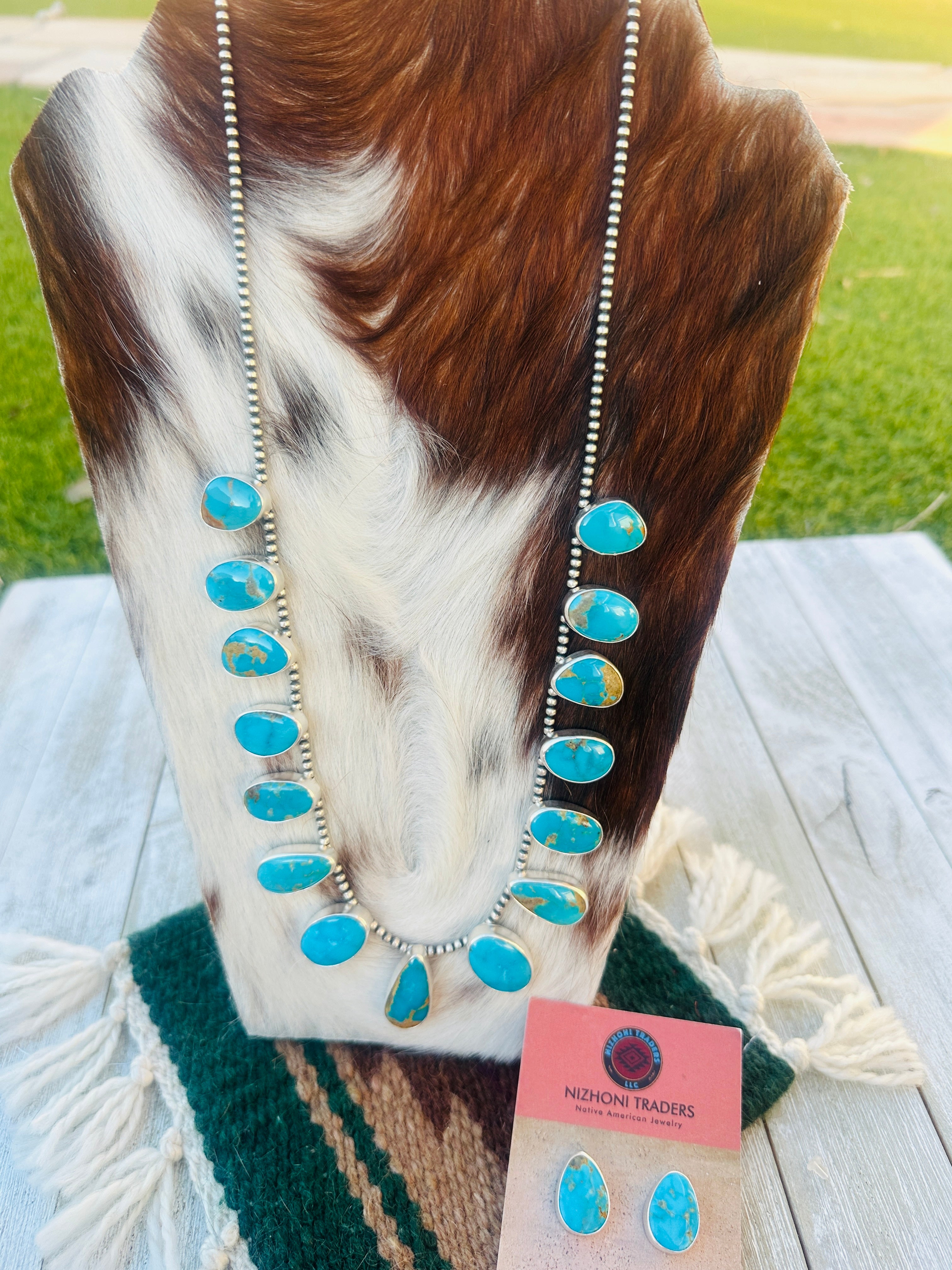 Handcrafted Turquoise & Sterling Silver Necklace and Earring Set