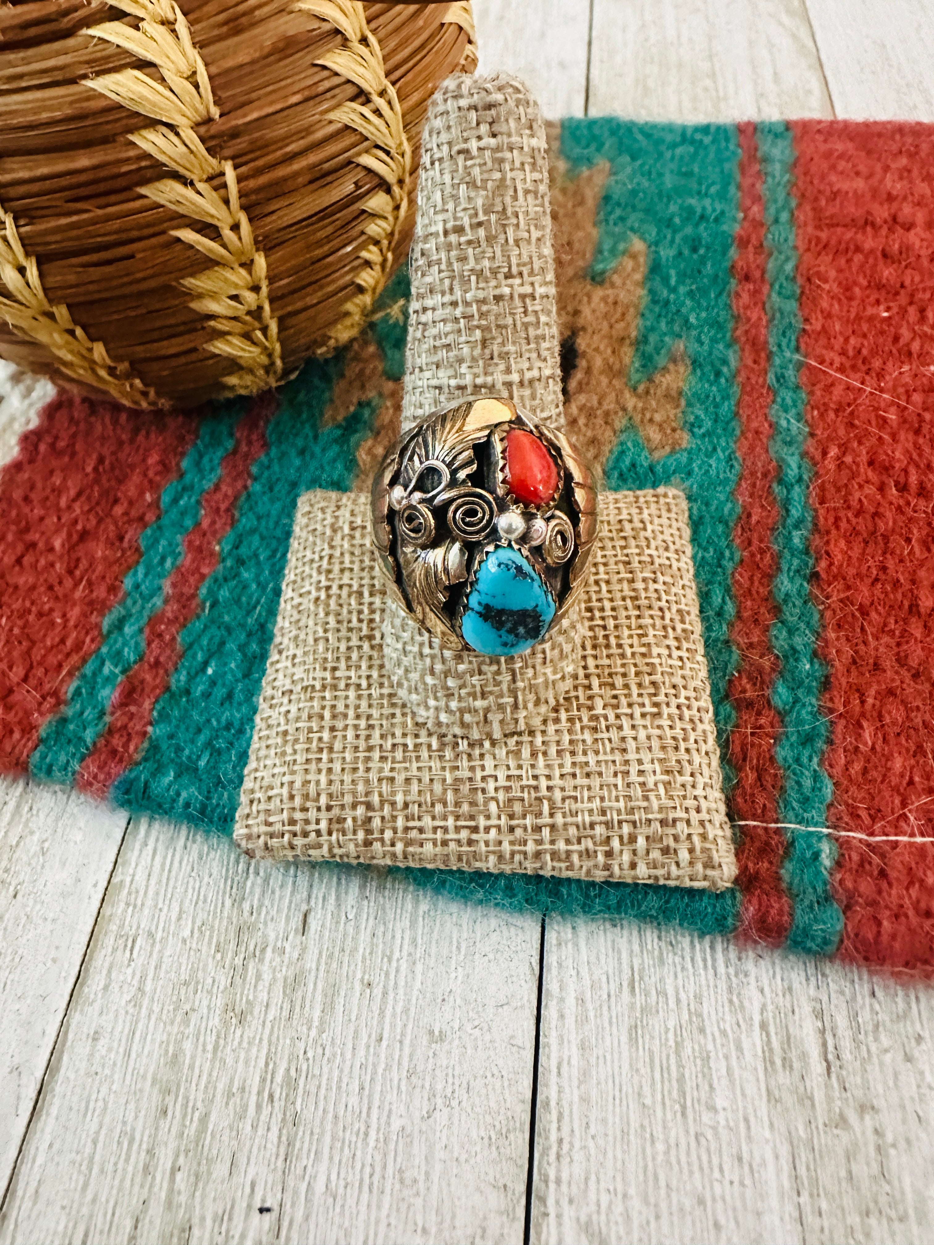 Handcrafted Old Pawn Sterling Silver with Gold Overlay, Turquoise & Coral Ring Size 10.75