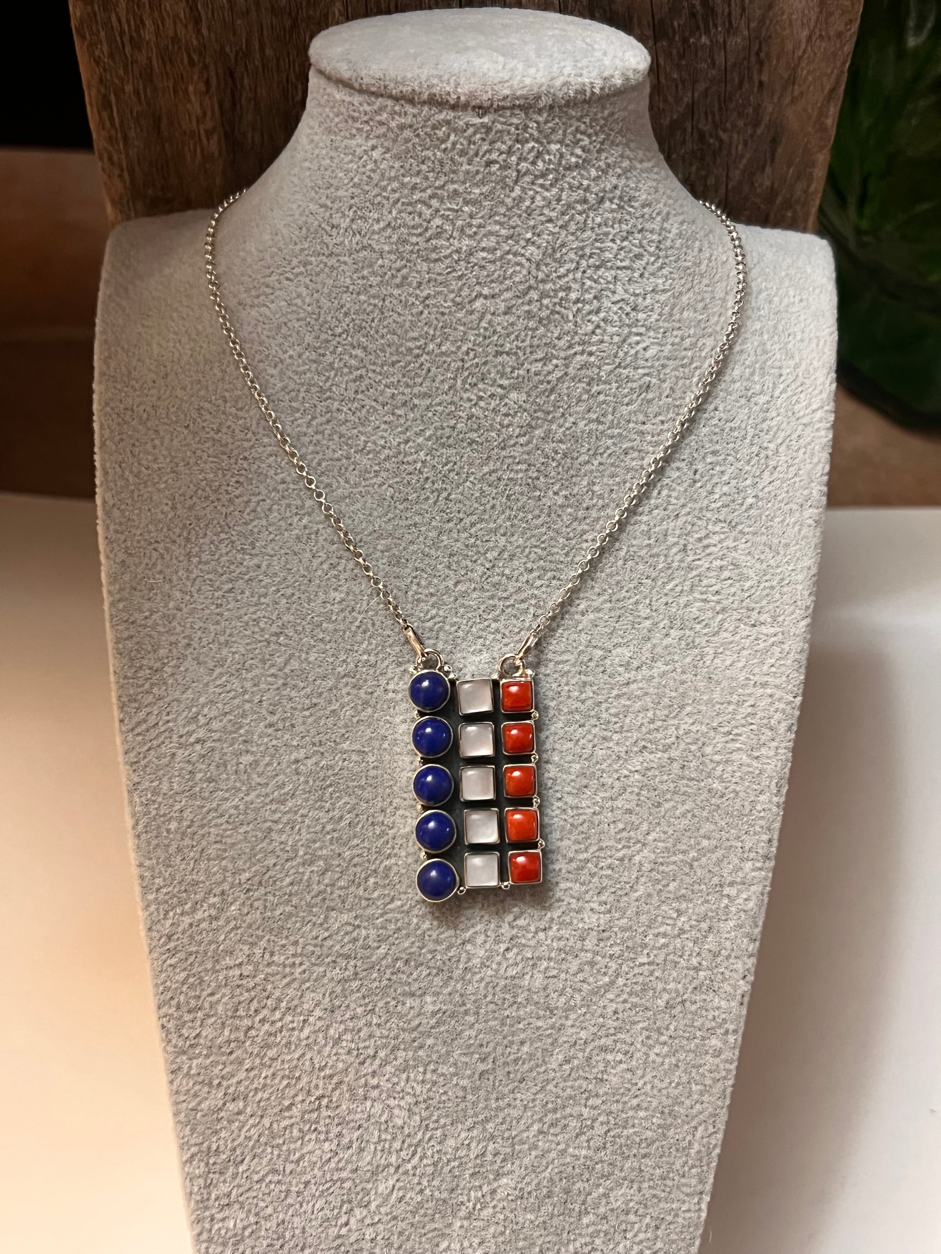 ** 4TH OF JULY ** Handmade Sterling Silver with Red Coral, White Opal, & Blue Lapis Bar Necklace