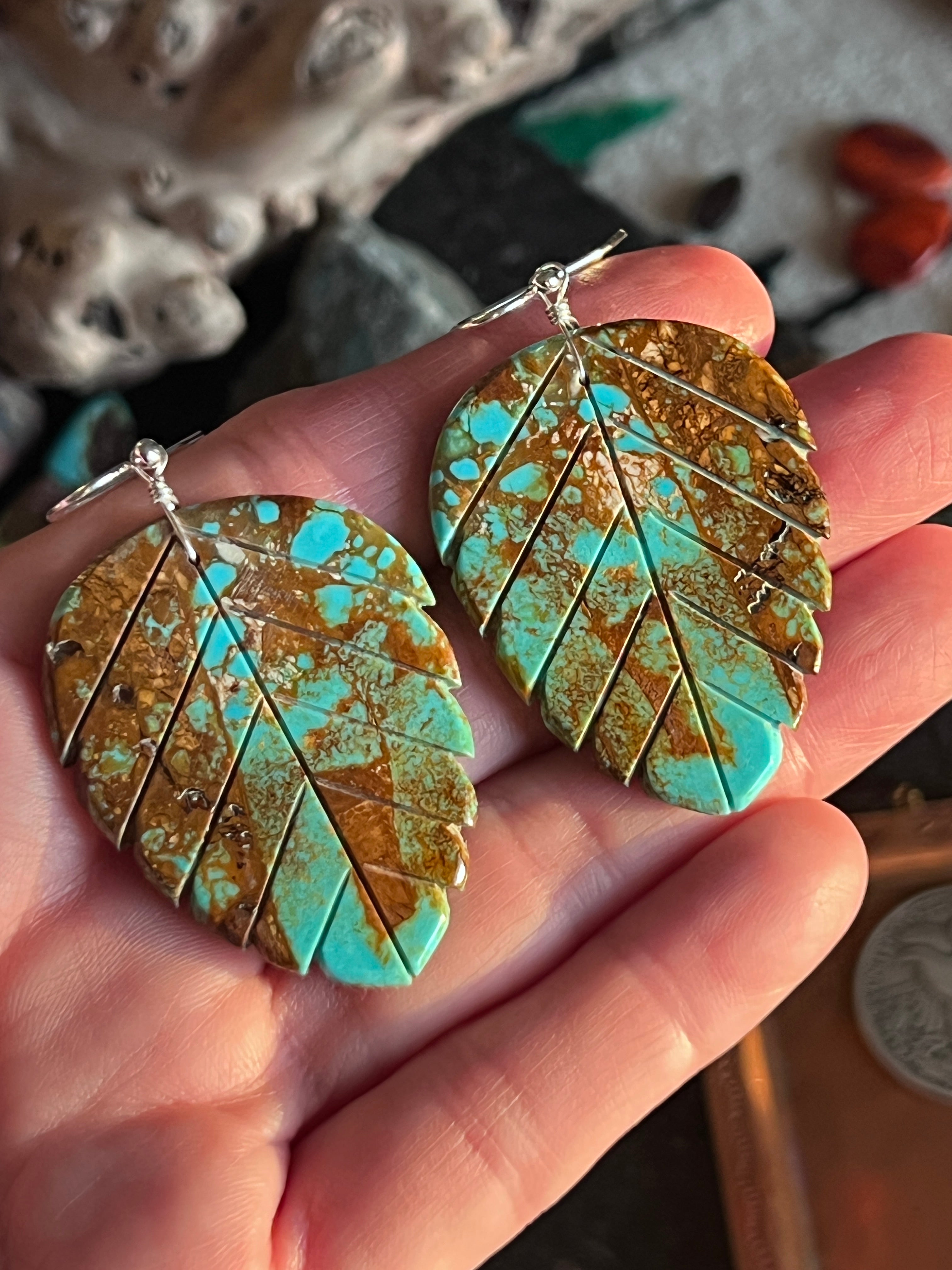 Santo Domingo Carved Turquoise Leaf Earrings by Ronald Chavez