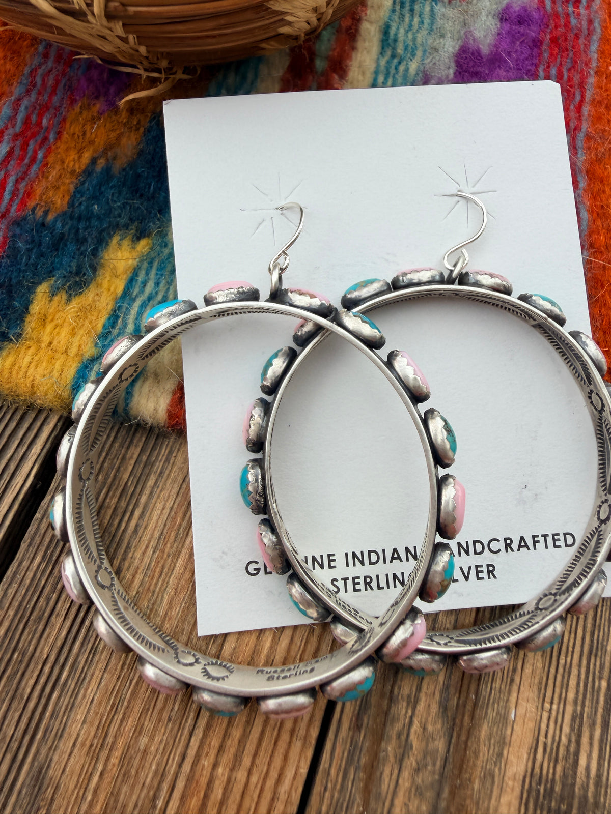 Handcrafted Turquoise, Queen Pink Conch & Sterling Silver Dangle Hoop Earrings by Russell Sam
