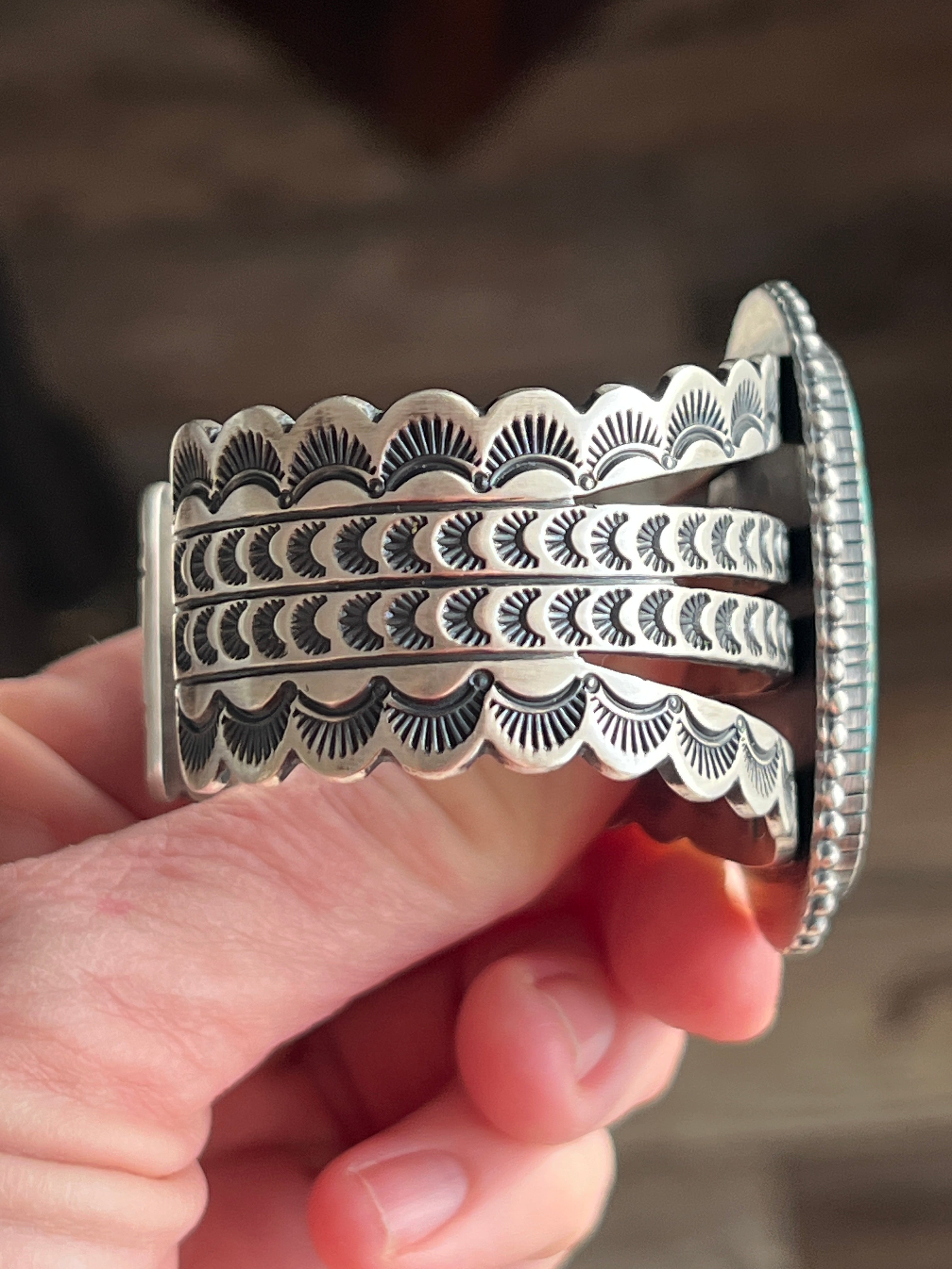 Handcrafted and Hand Stamped Sterling Silver and Royston Turquoise Cuff Bracelet by Diane Wylie