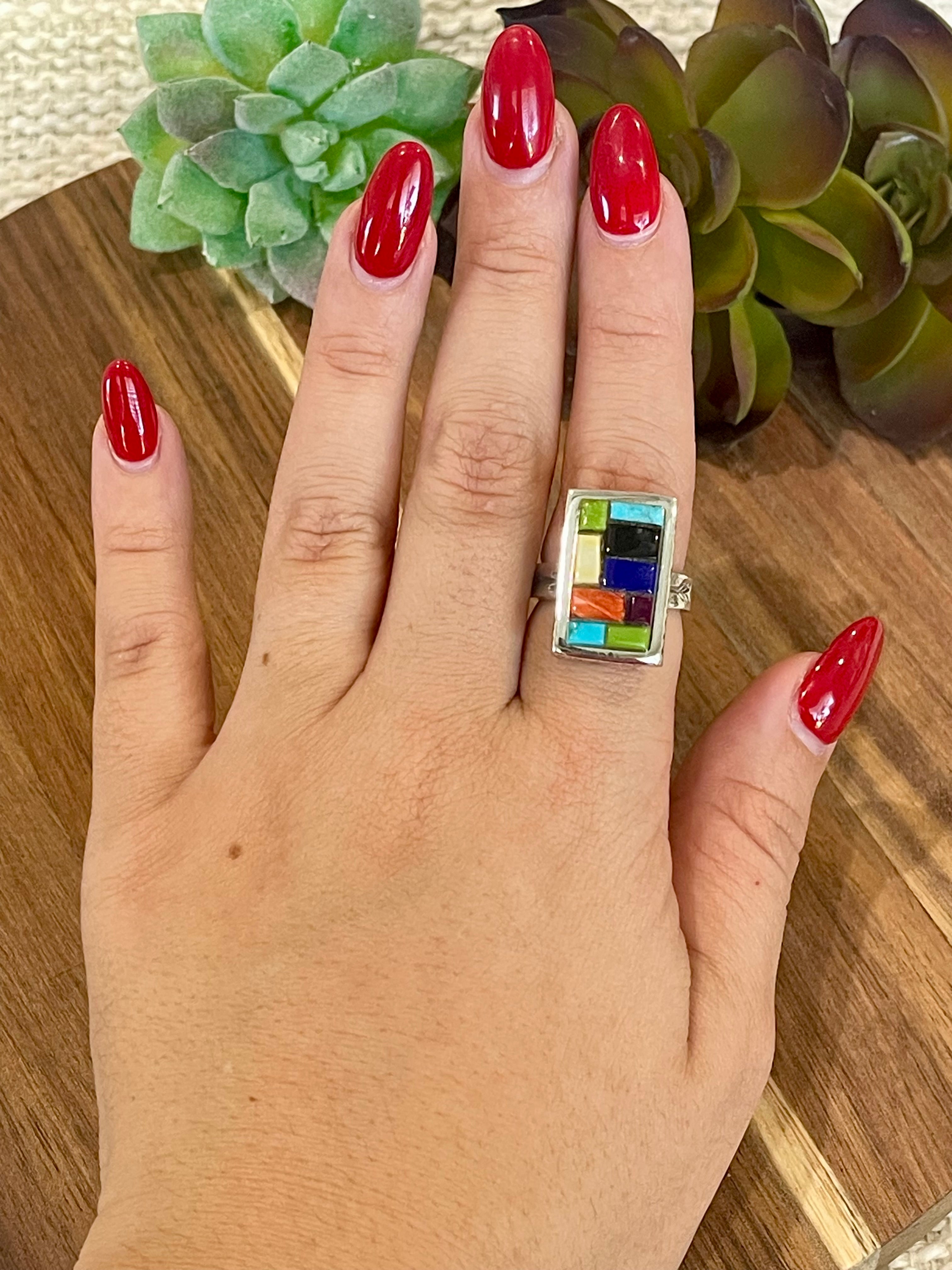 Handmade Sterling Silver & Multi Stone Inlay Ring Size 8