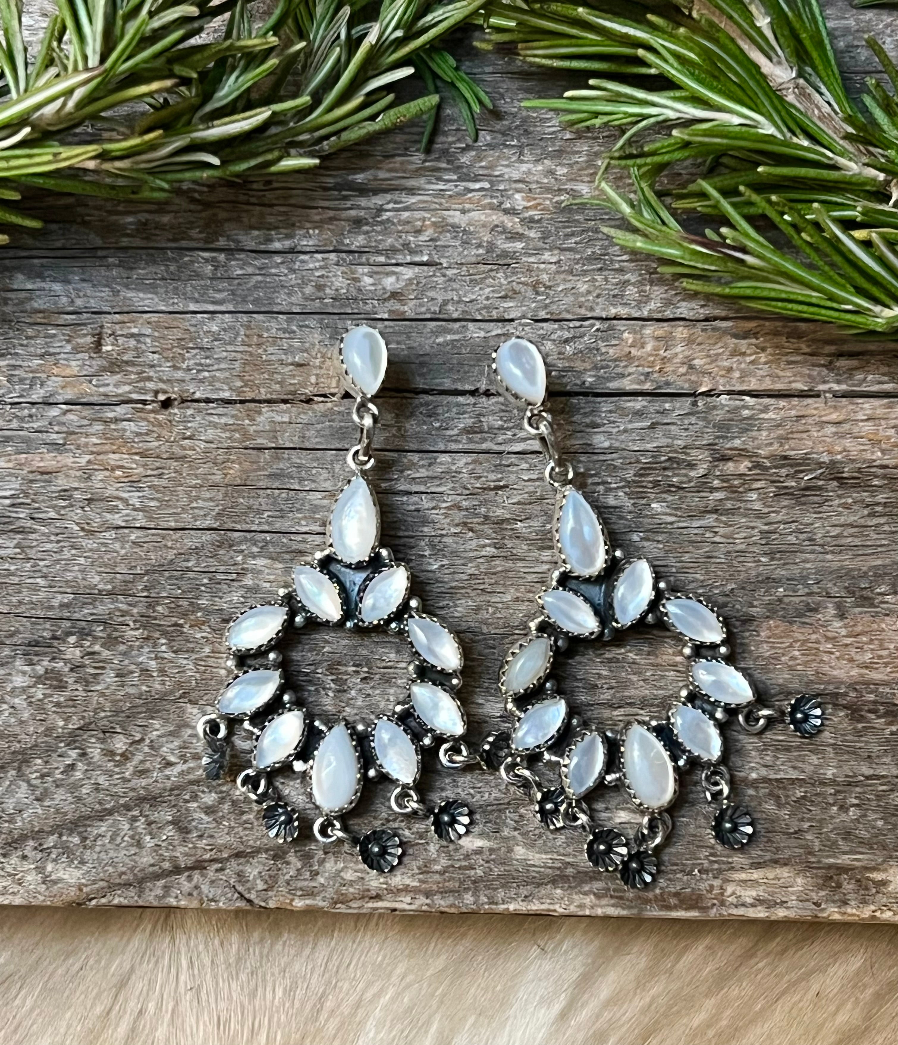 Handmade Mother Of Pearl Marquise Sterling Silver Dangle Earrings