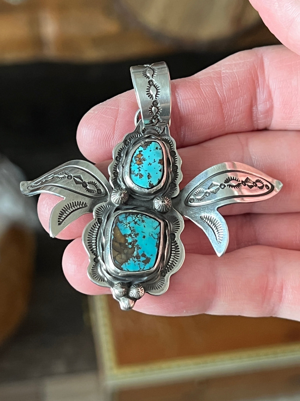 Handcrafted Kimari Somers Sterling Silver and Turquoise Winged Bug Pendant