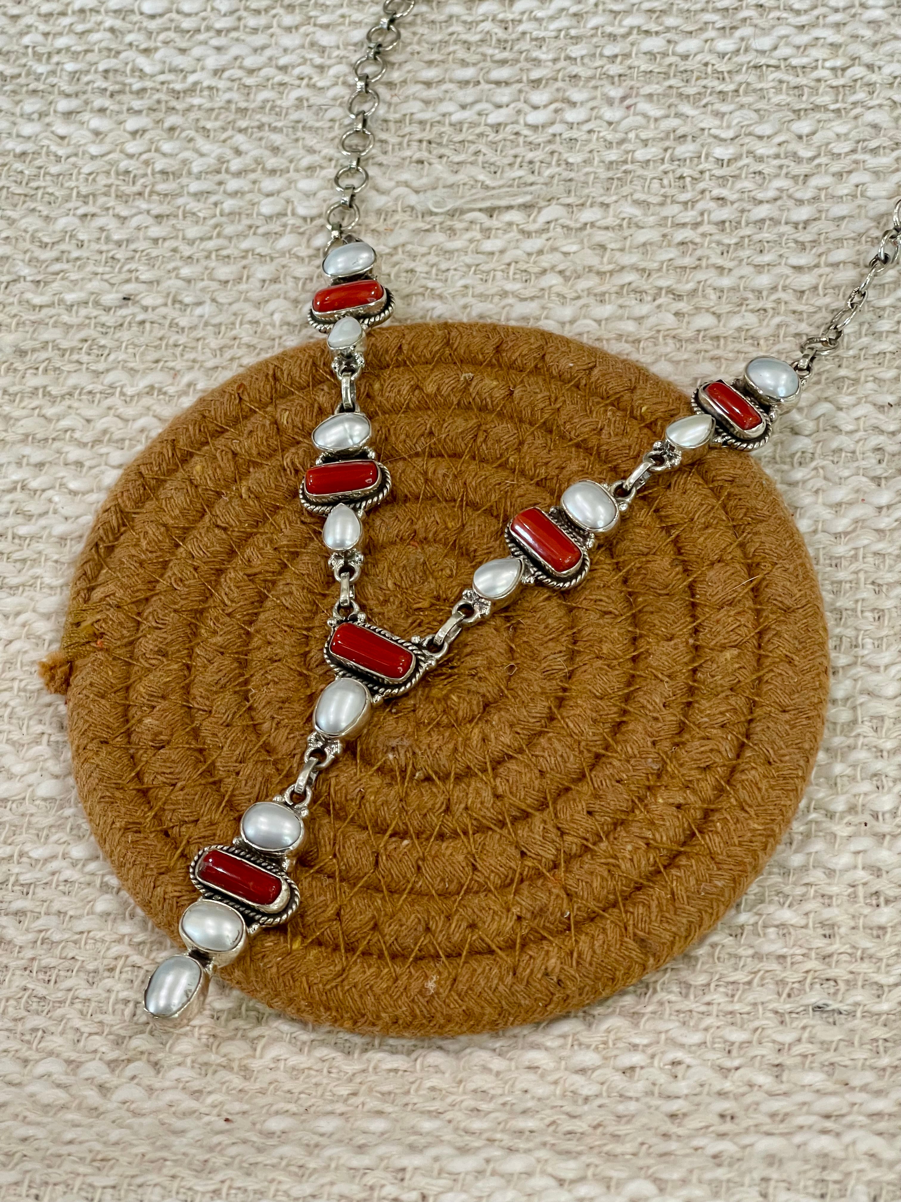 ** 4TH OF JULY ** Handmade Sterling , Silver Synthetic Opal & Coral Necklace with Signed Nizhoni