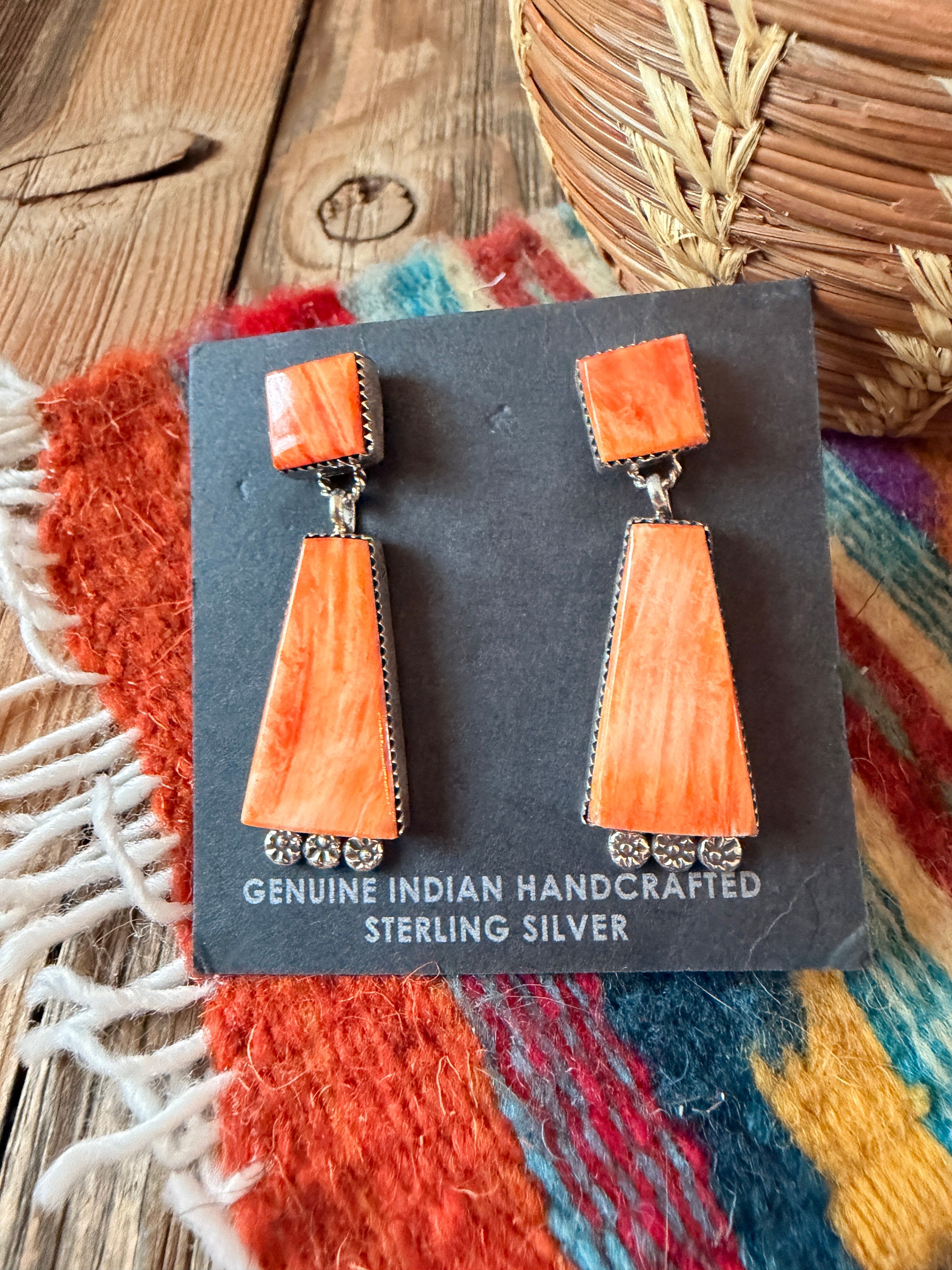 Handcrafted Orange Spiny And Sterling Silver Dangle Earrings
