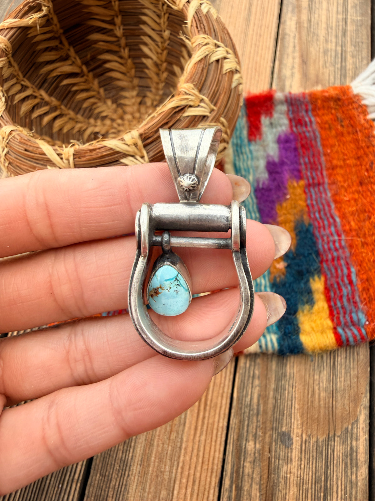 Handcrafted Sterling Silver & Turquoise Stirrup Pendant by Charles Johnson