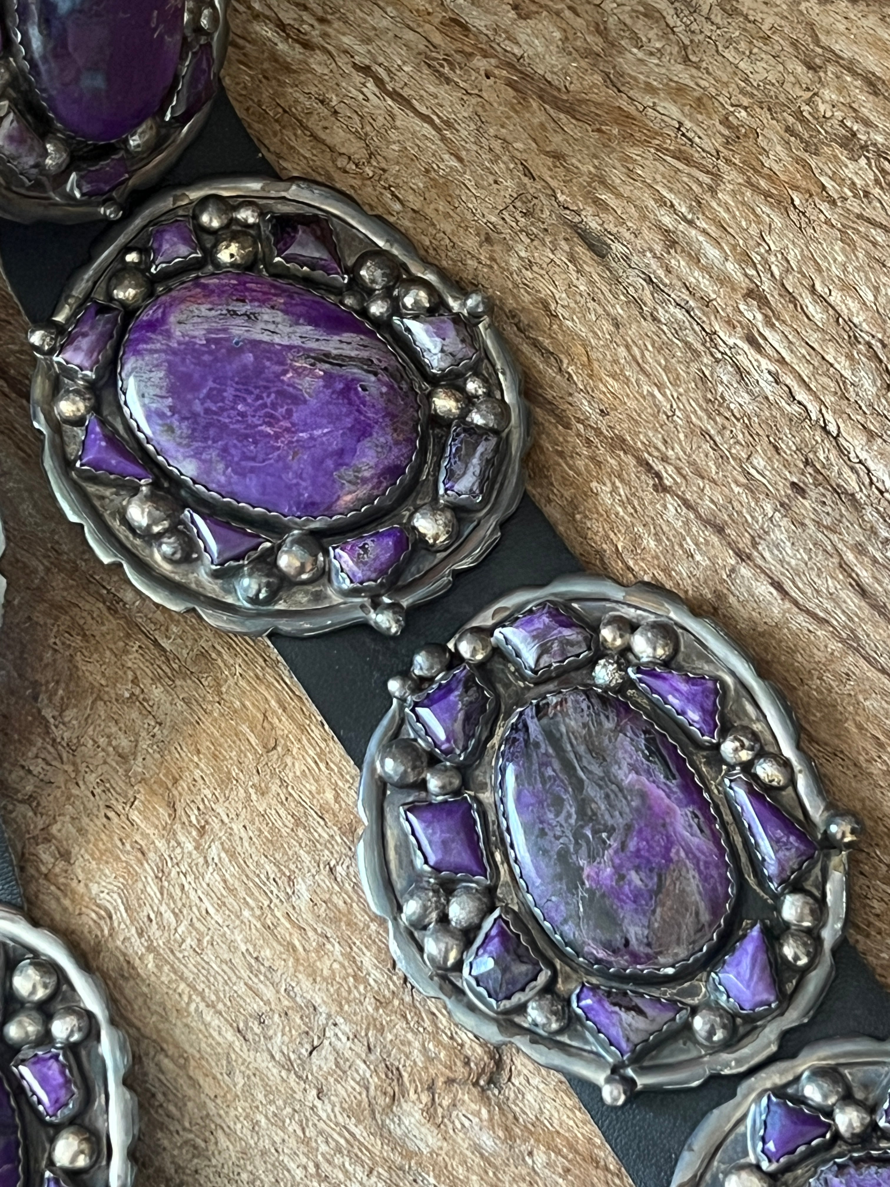 Gorgeous Old Pawn Handcrafted Sterling Silver and Purple Sodalite Concho Belt by Eric & Carol Fierro