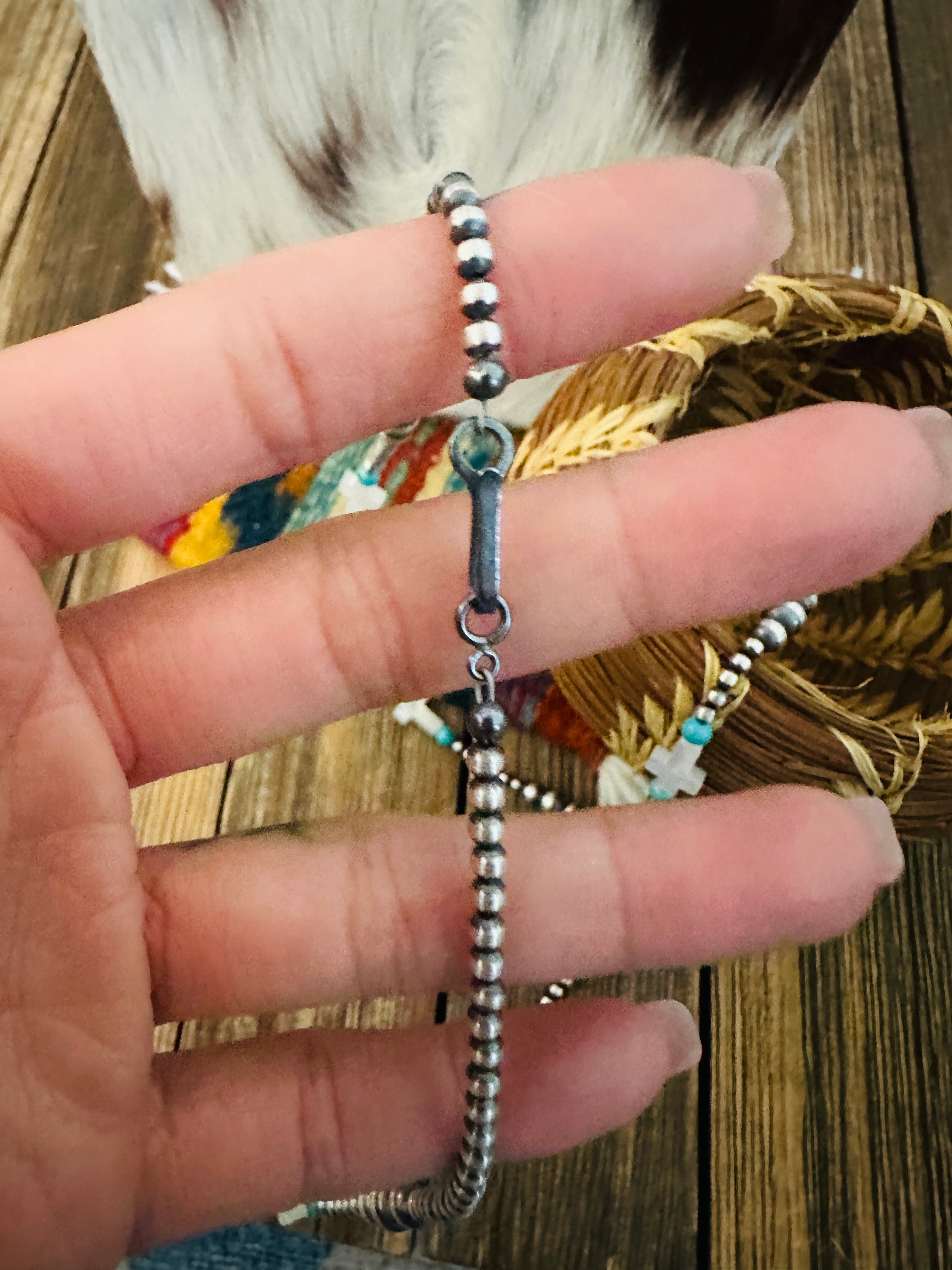 Handcrafted Turquoise, Mother of Pearl & Sterling Silver Pearl 20” Beaded Lariat Necklace