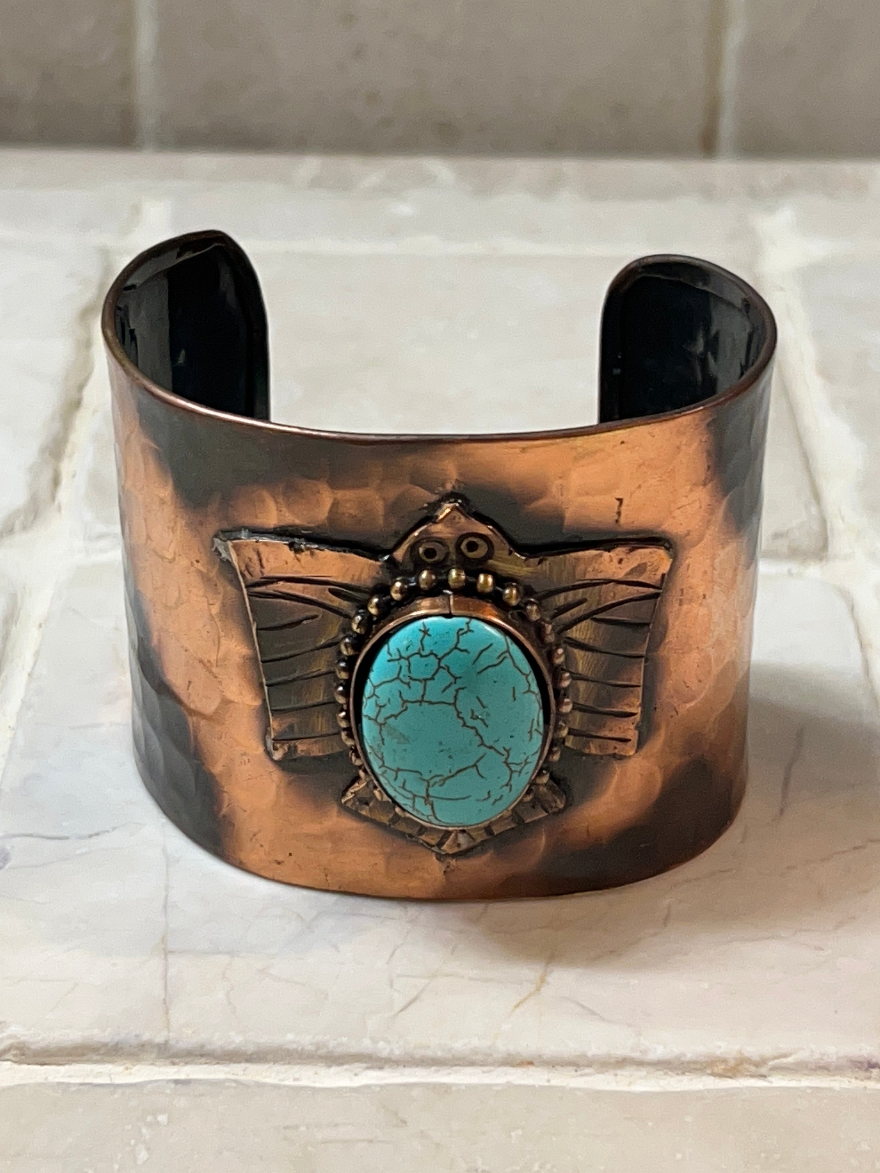 Engraved Copper Cuff Bracelet with Blue Oval Stone