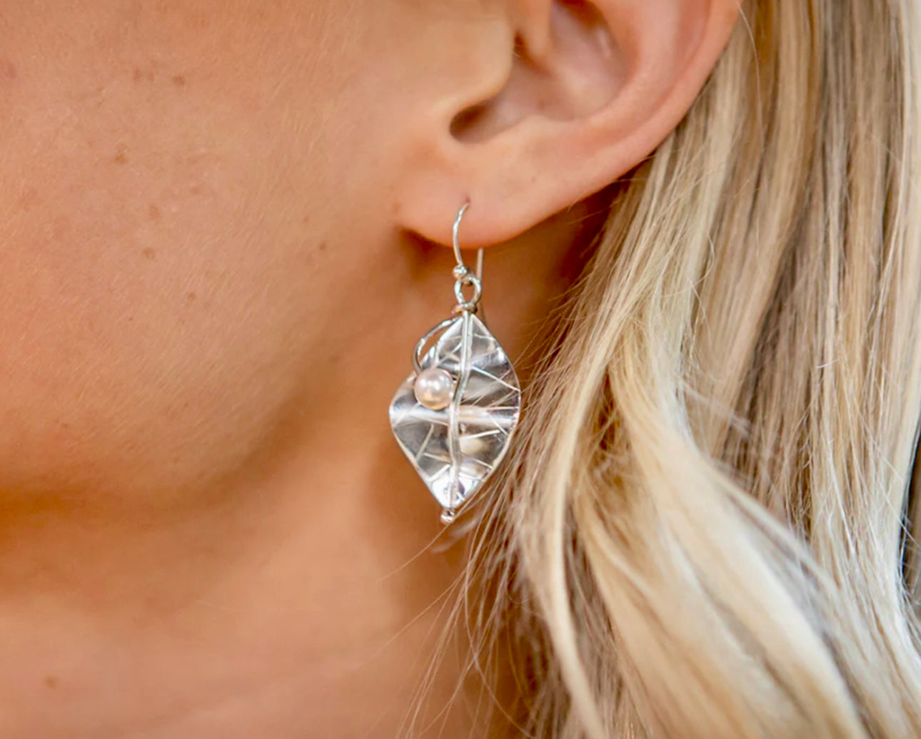 Modern Leaf Earrings with Pearl & Sterling Silver