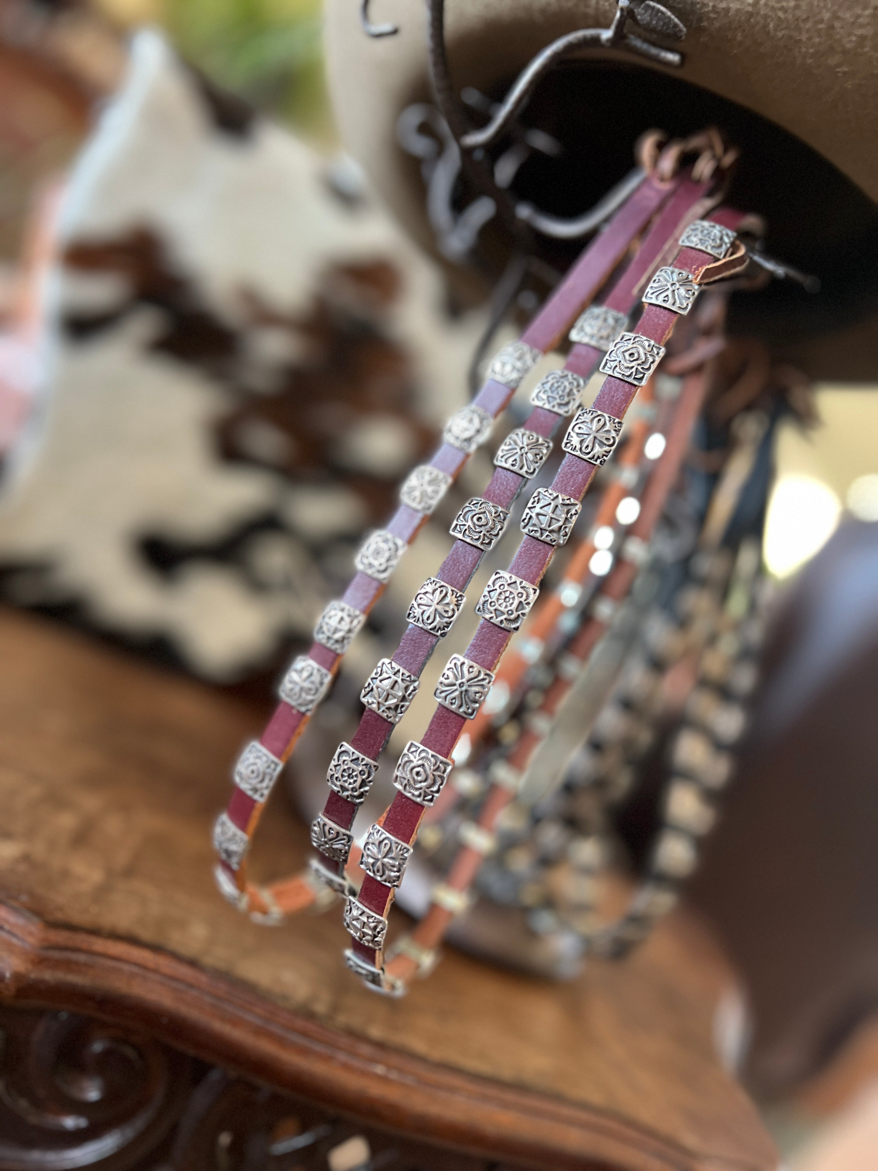 Leather and Sterling Silver Concho Slide Hat Band, Mahogany Leather