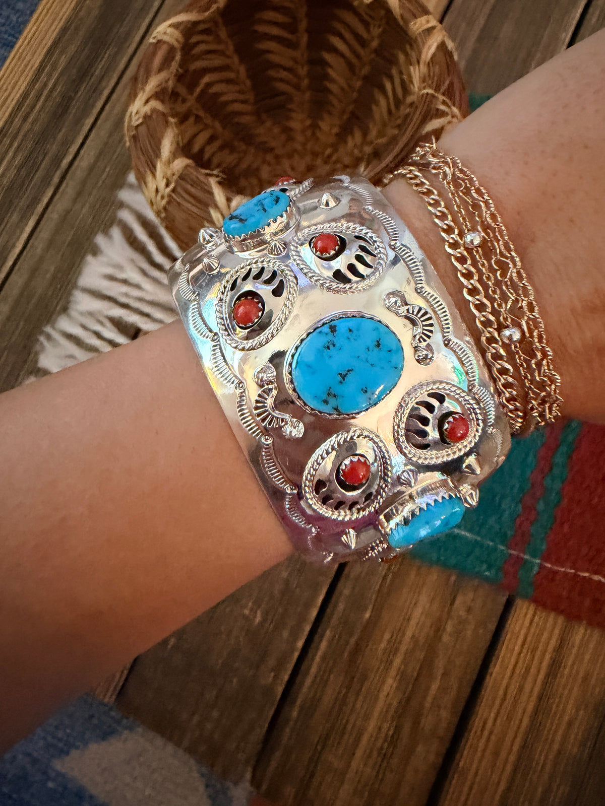 Handcrafted Old Pawn Turquoise, Coral & Sterling Silver Bear Paw Cuff Bracelet