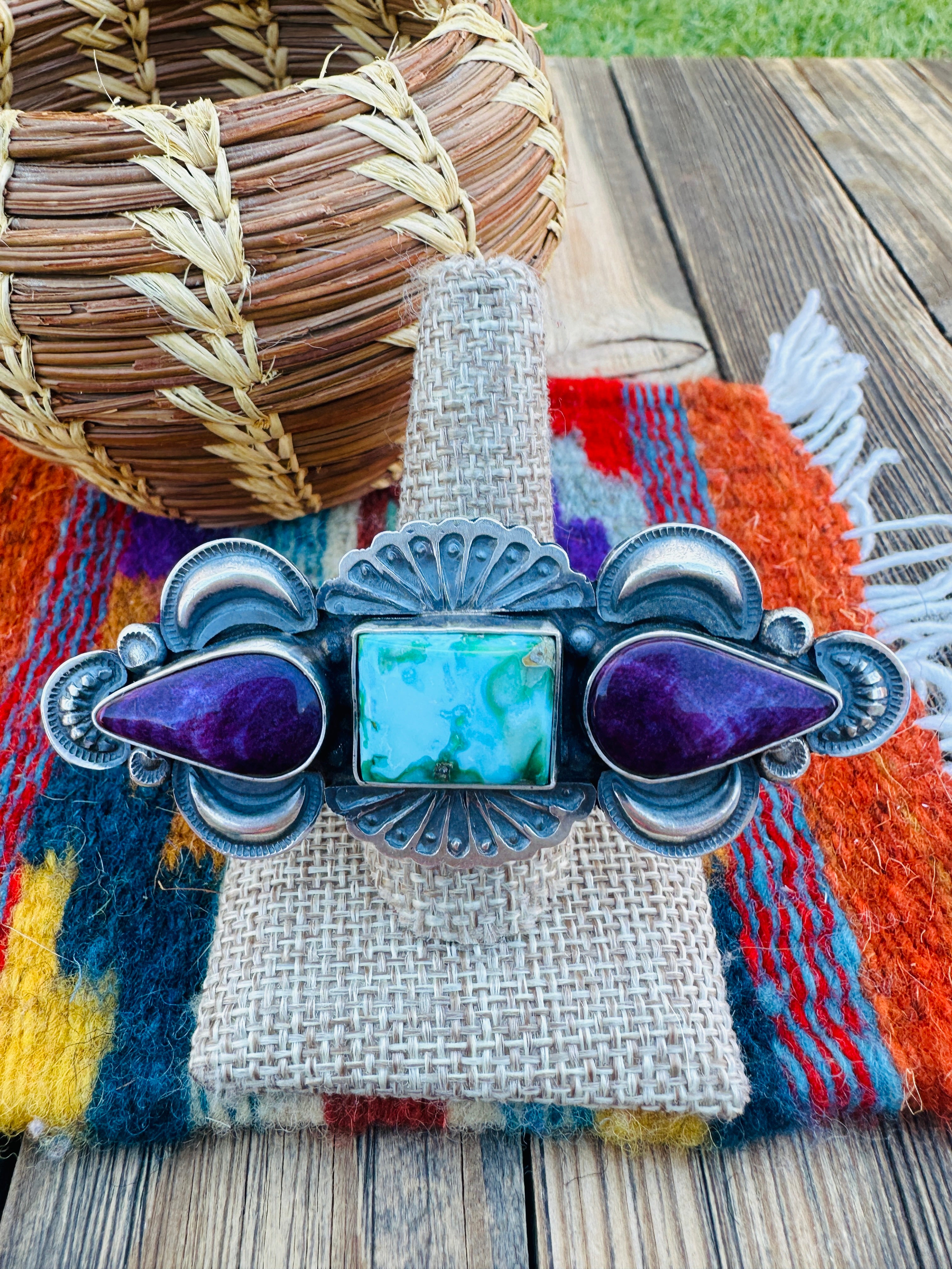 Handcrafted Turquoise, Spiny Oyster & Sterling Silver Adjustable Ring by Leon Martinez