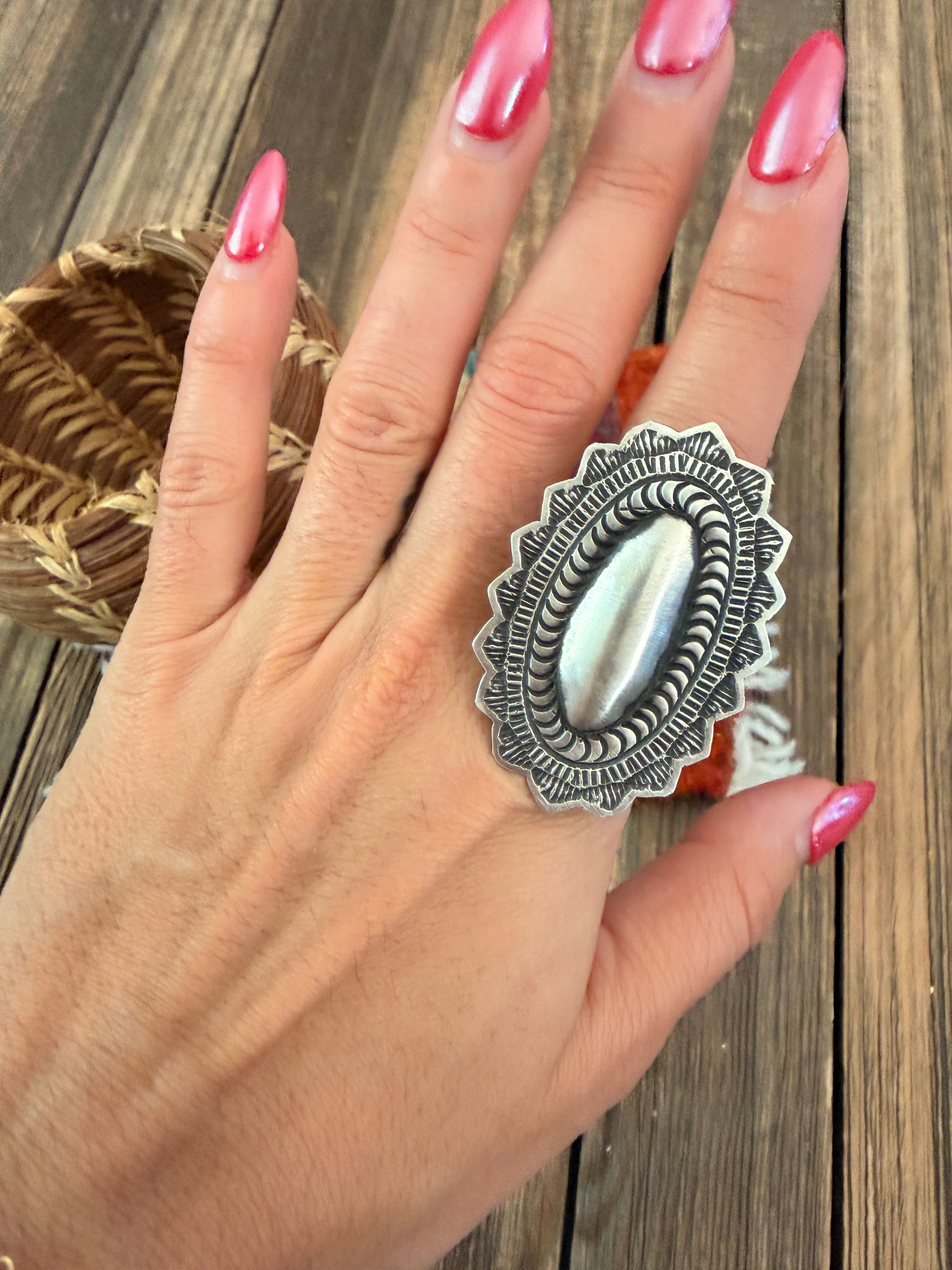 Handcrafted Sterling Silver Adjustable Concho Ring by Leander Tahe