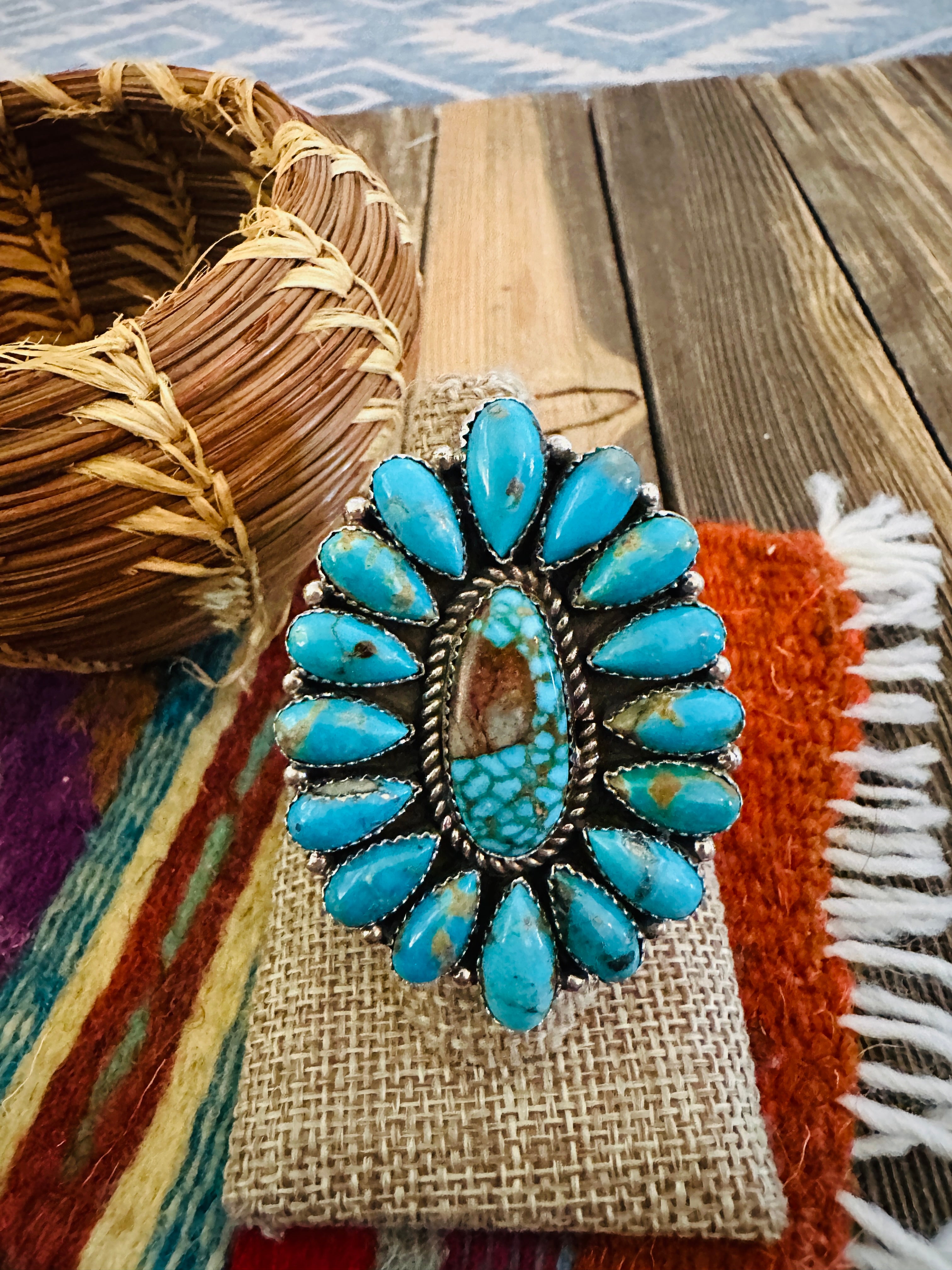 Handcrafted Turquoise & Sterling Silver Adjustable Cluster Ring