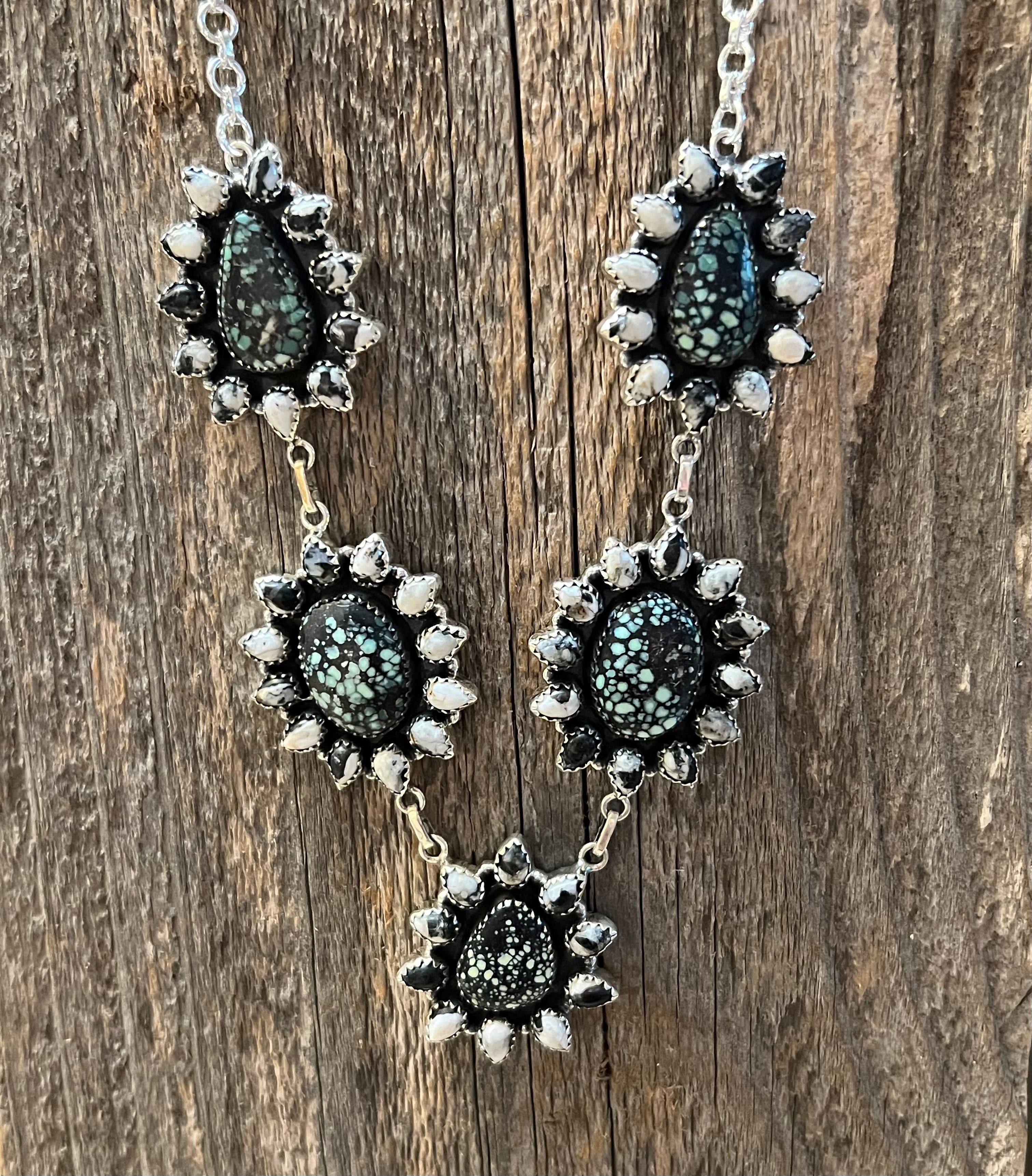 Handmade Newlander Turquoise & White Buffalo Sterling Silver Drop Necklace