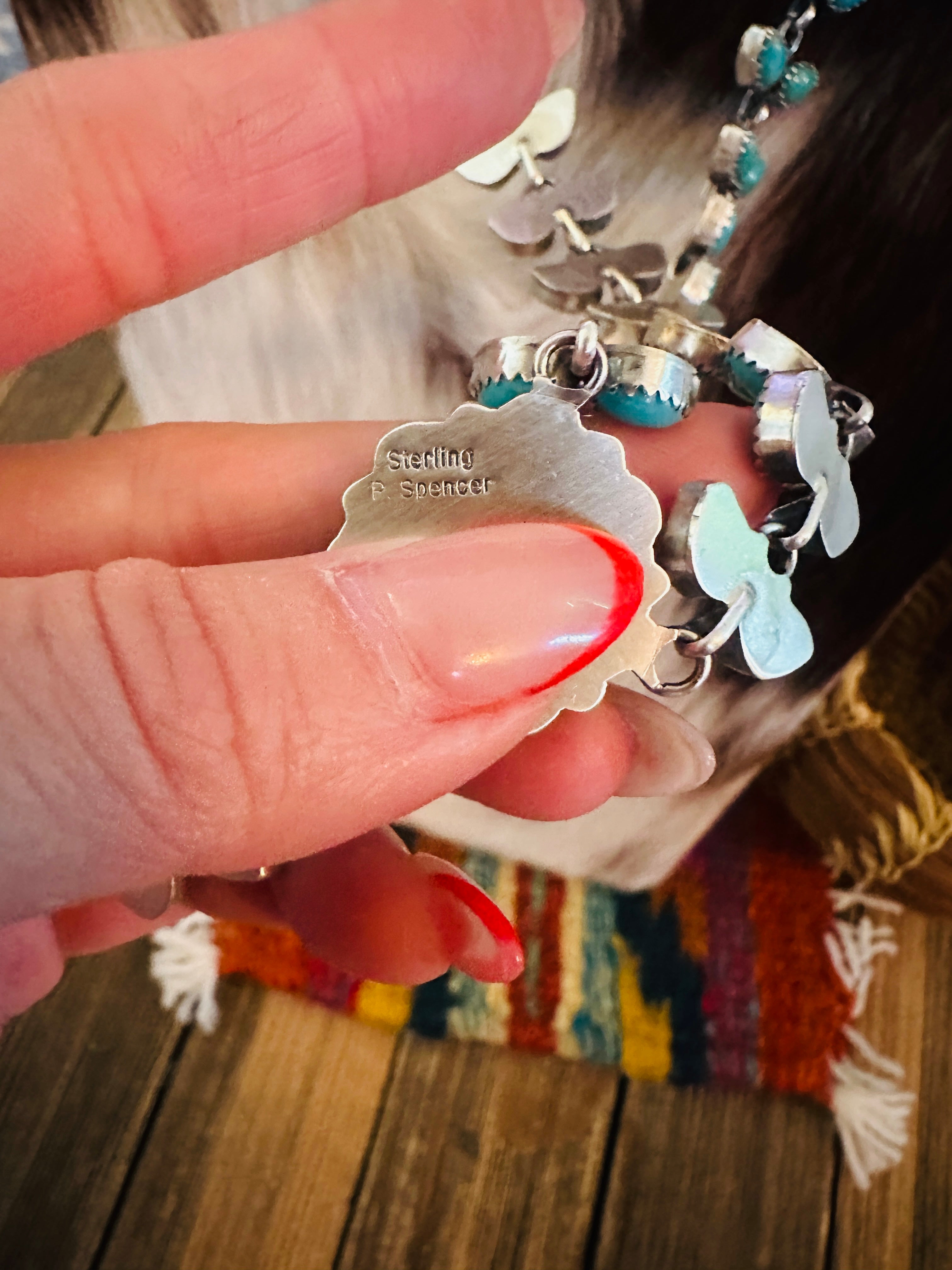 Handcrafted Turquoise & Sterling Silver Flower Cluster Necklace by Pearlene Spencer