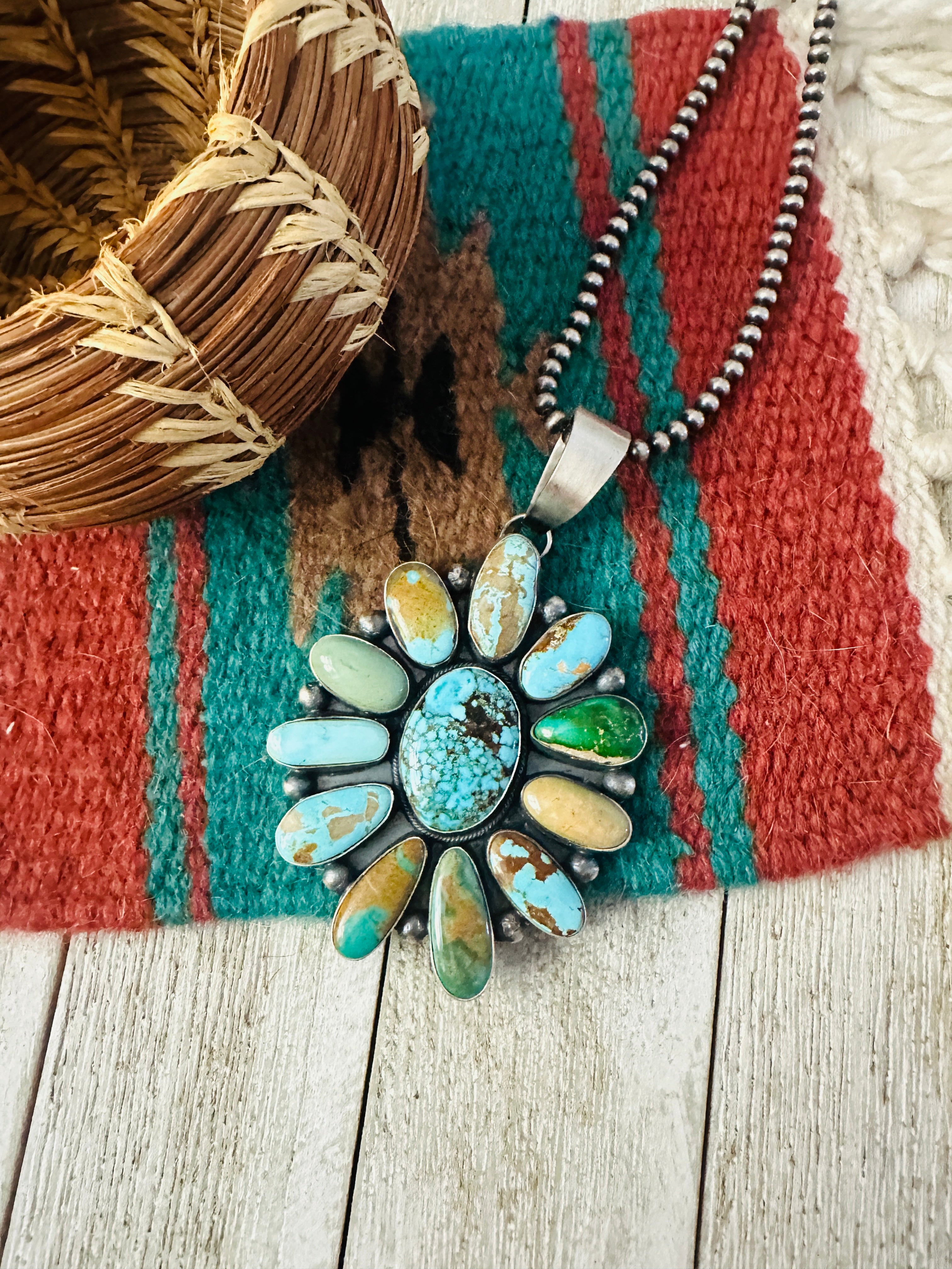 Handcrafted Sterling Silver & Multi Turquoise Cluster Pendant by Amos Jake
