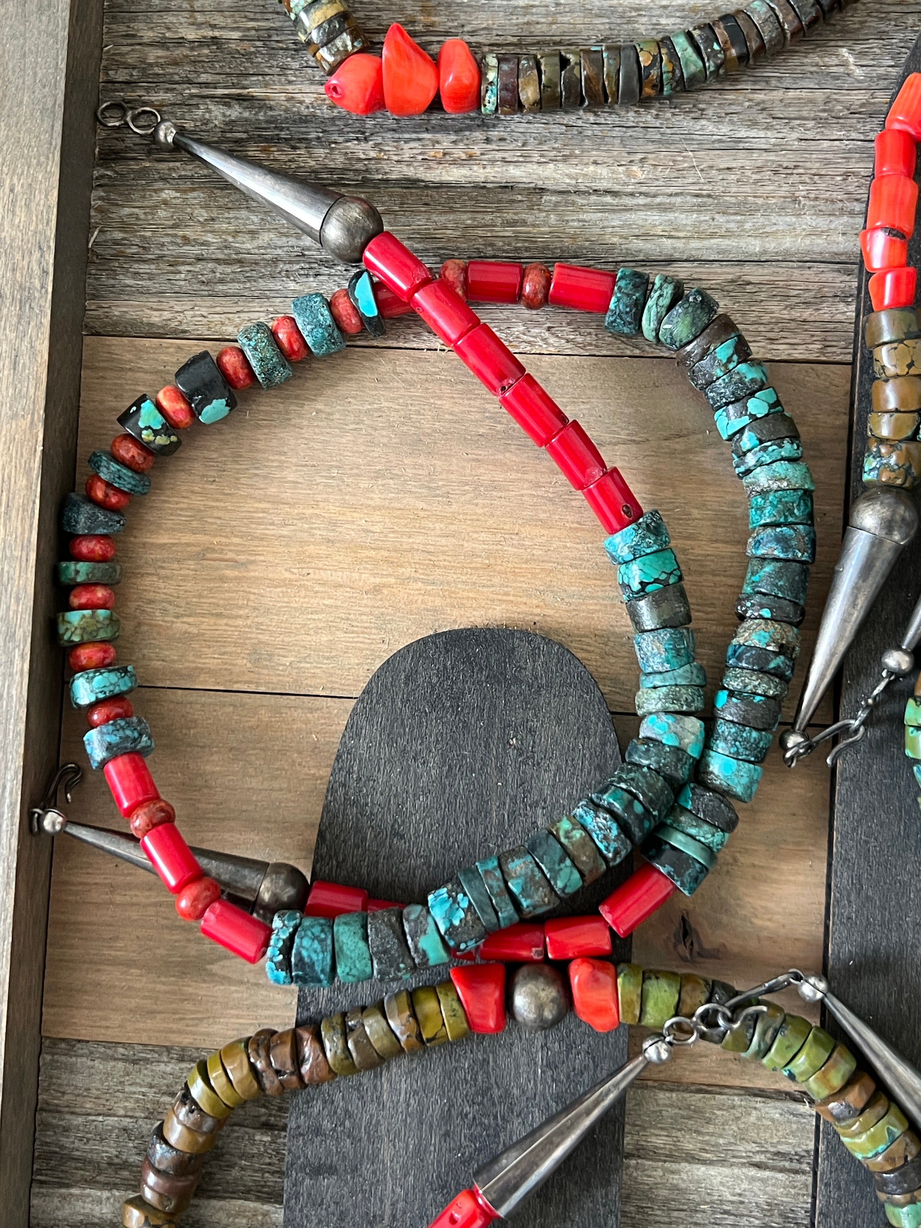 Handcrafted Hubei Turquoise Beaded Necklace with Sterling Silver and Bamboo Coral by Kirby Smith: 13 To Choose From!