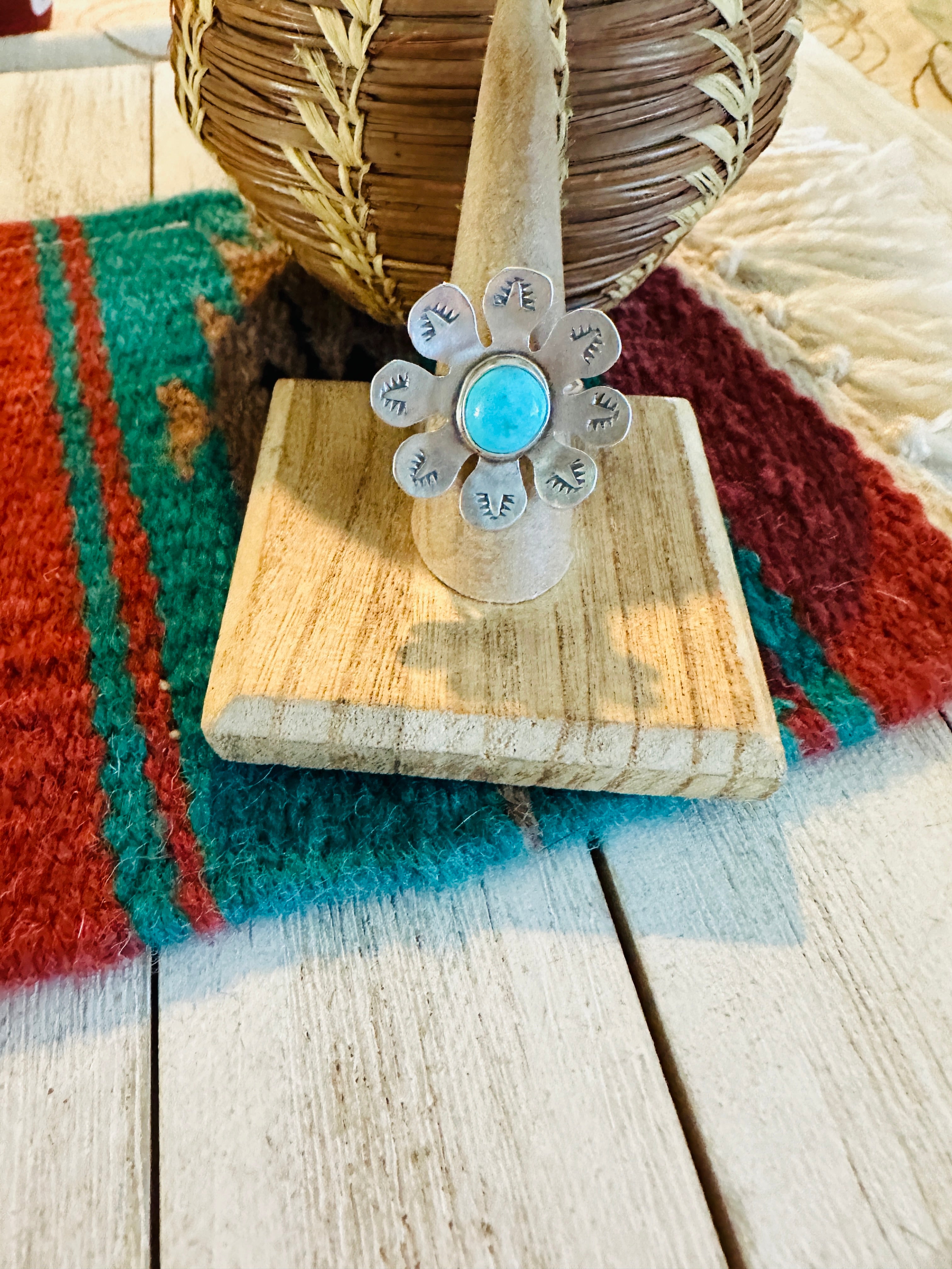 Handcrafted Sterling Silver & Turquoise Adjustable Flower Ring