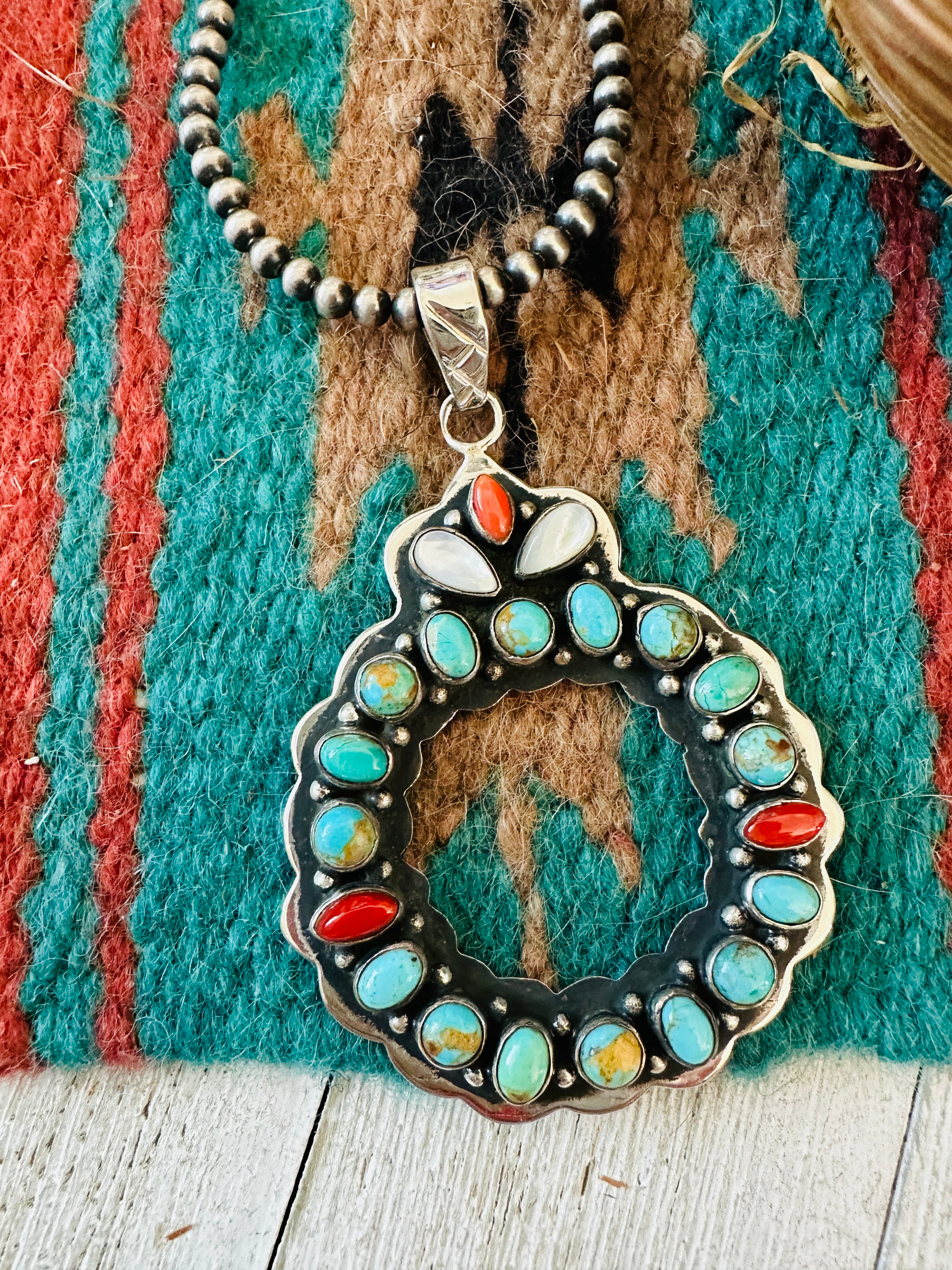 ** Christmas Collection ** Handmade Sterling Silver, Turquoise & Coral Wreath Pendant Signed Nizhoni