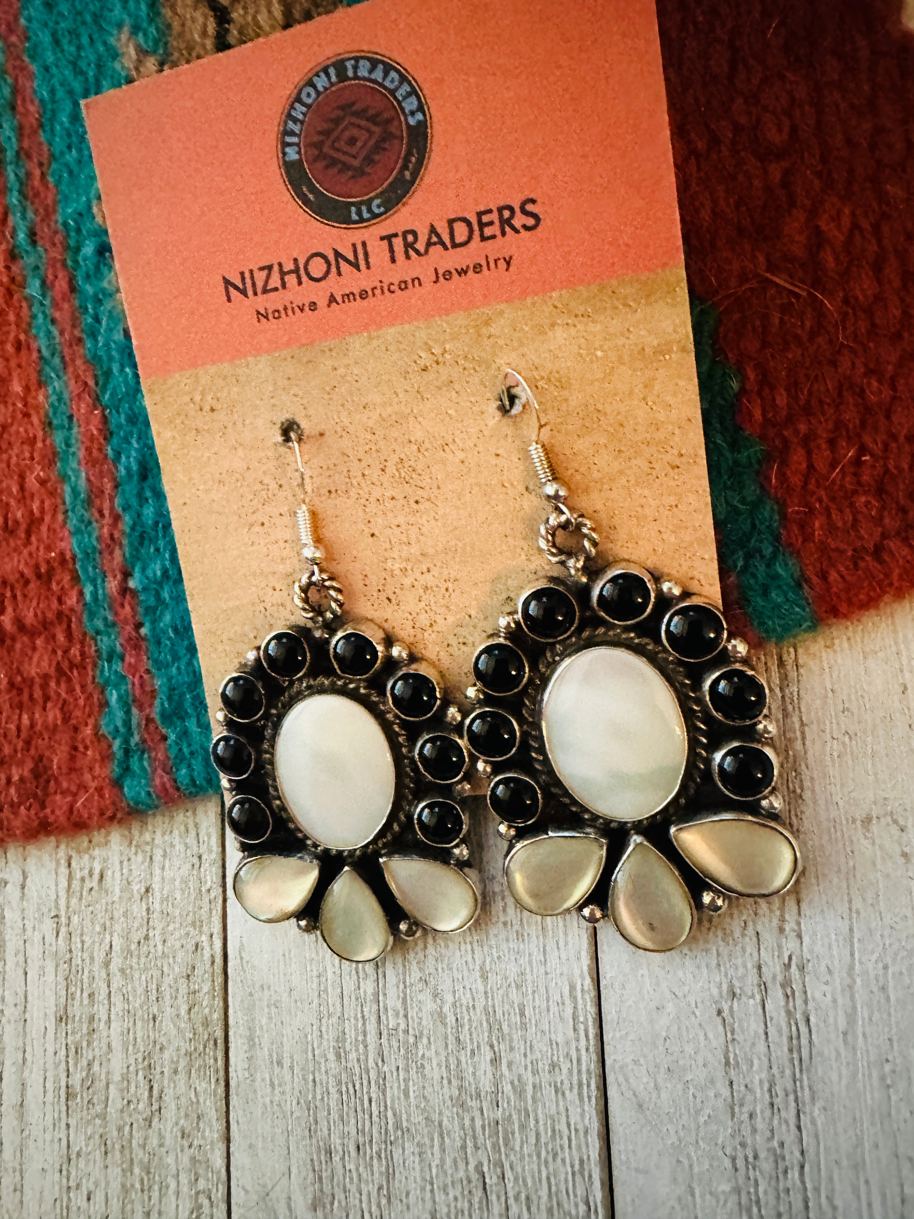 Handcrafted Mother of Pearl, Onyx & Sterling Silver Dangle Earrings