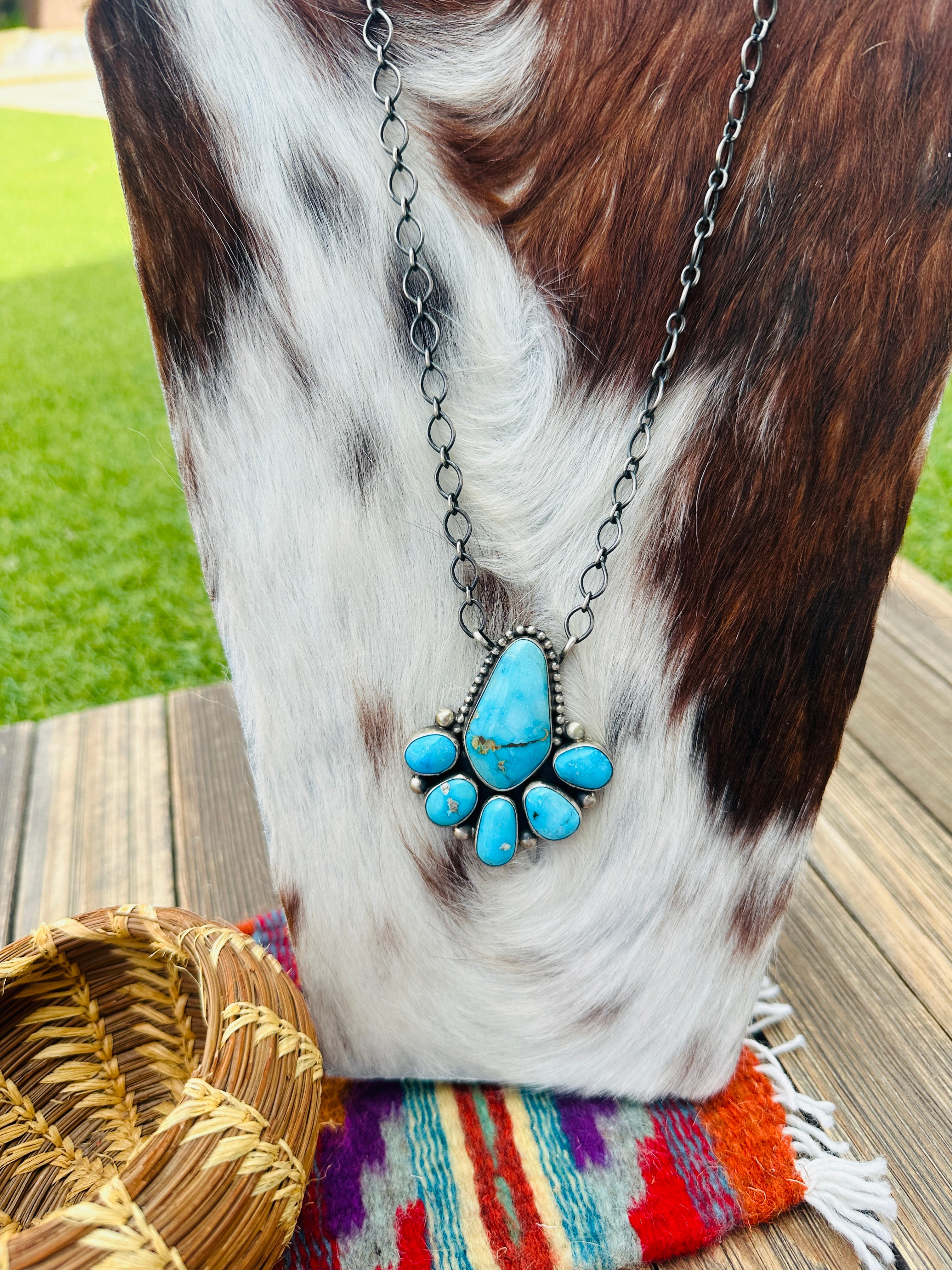 Handcrafted Turquoise & Sterling Silver Cluster Necklace by Kathleen Chavez