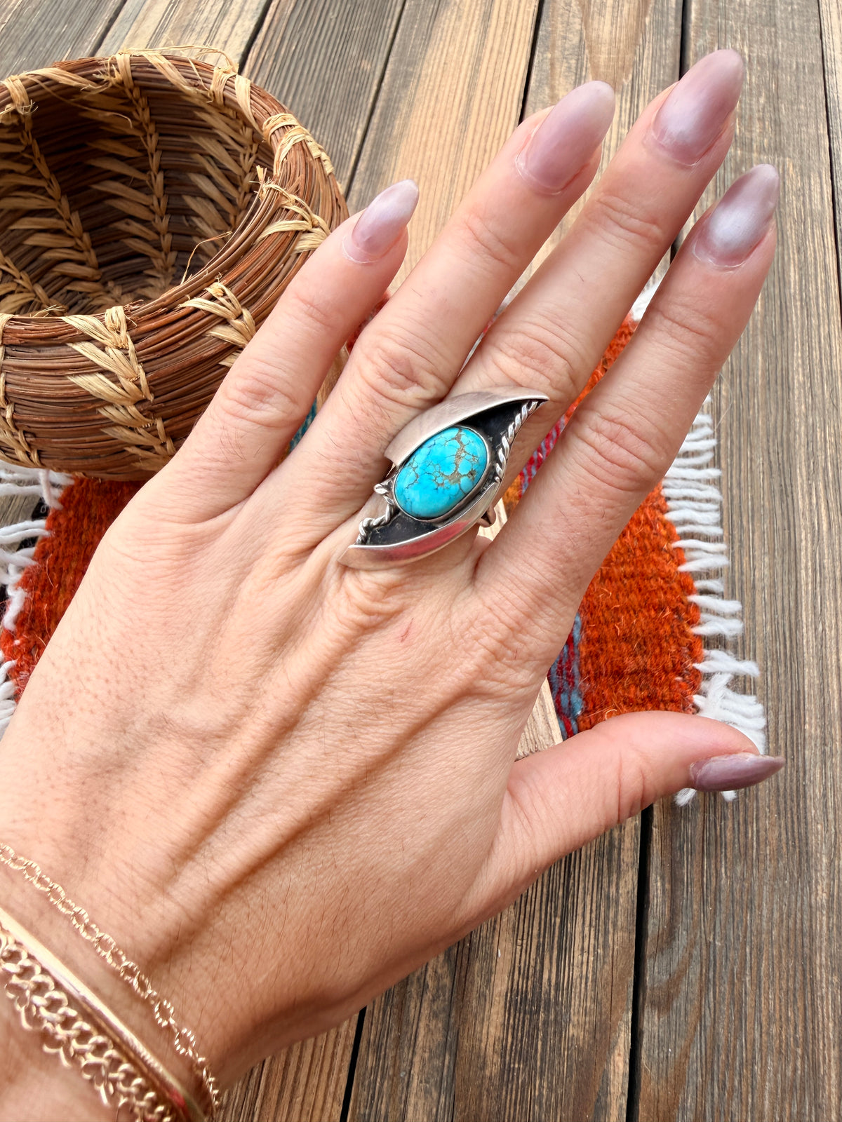 Old Pawn Handcrafted Turquoise & Sterling Silver Ring Size 6