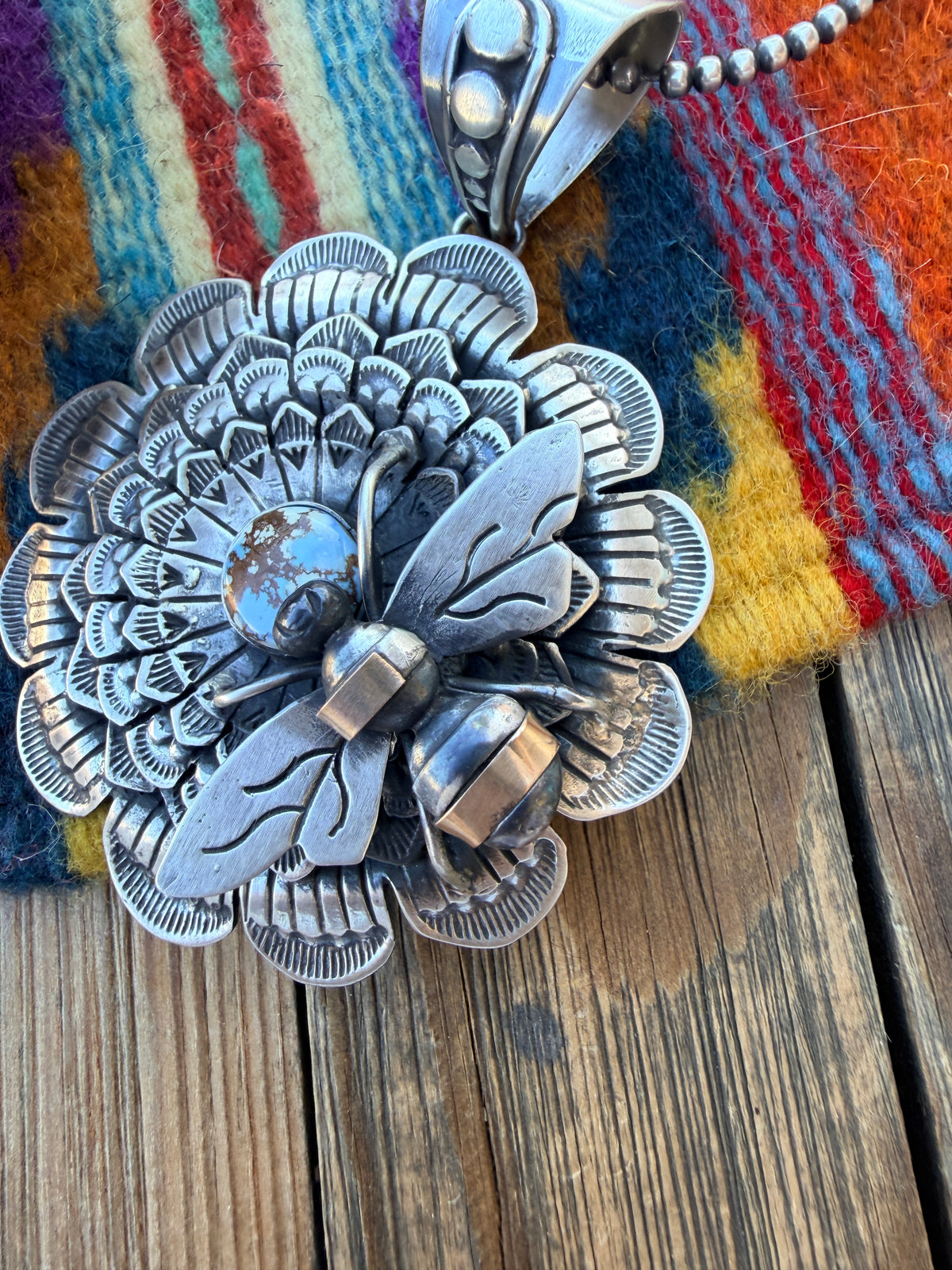 Handcrafted Sterling Silver & Golden Hills Turquoise Sunflower Necklace with Bee by Russell Sam