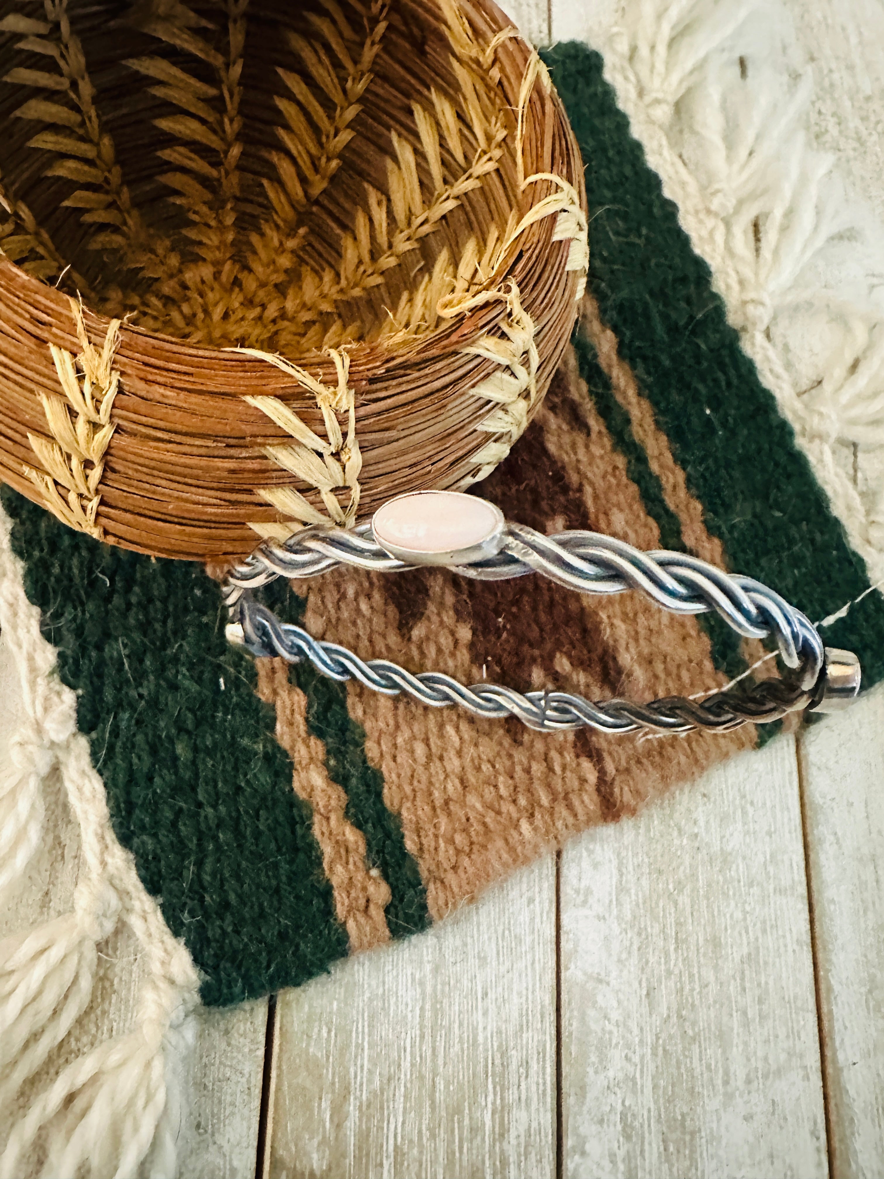 Handcrafted Twisted Sterling Silver & Queen Pink Conch Shell Bangle Bracelet
