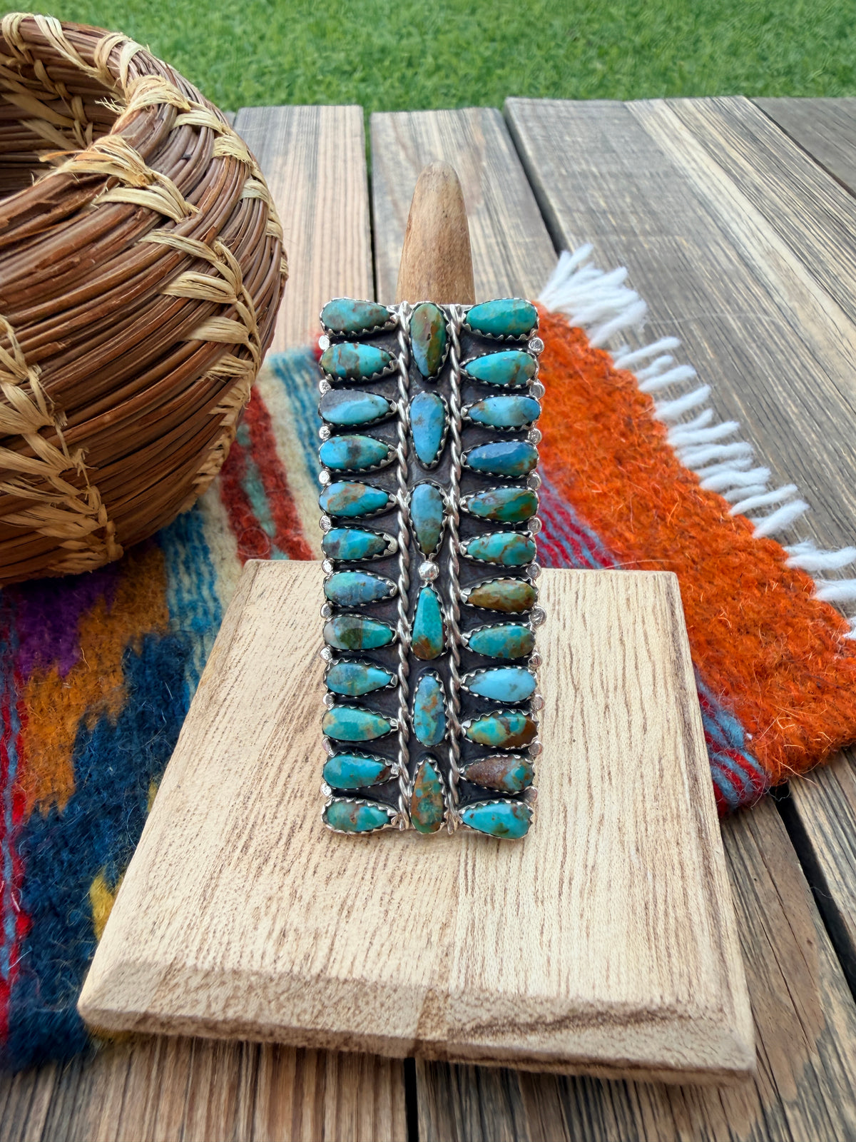 Handcrafted Turquoise & Sterling Silver Cluster Ring Size 9