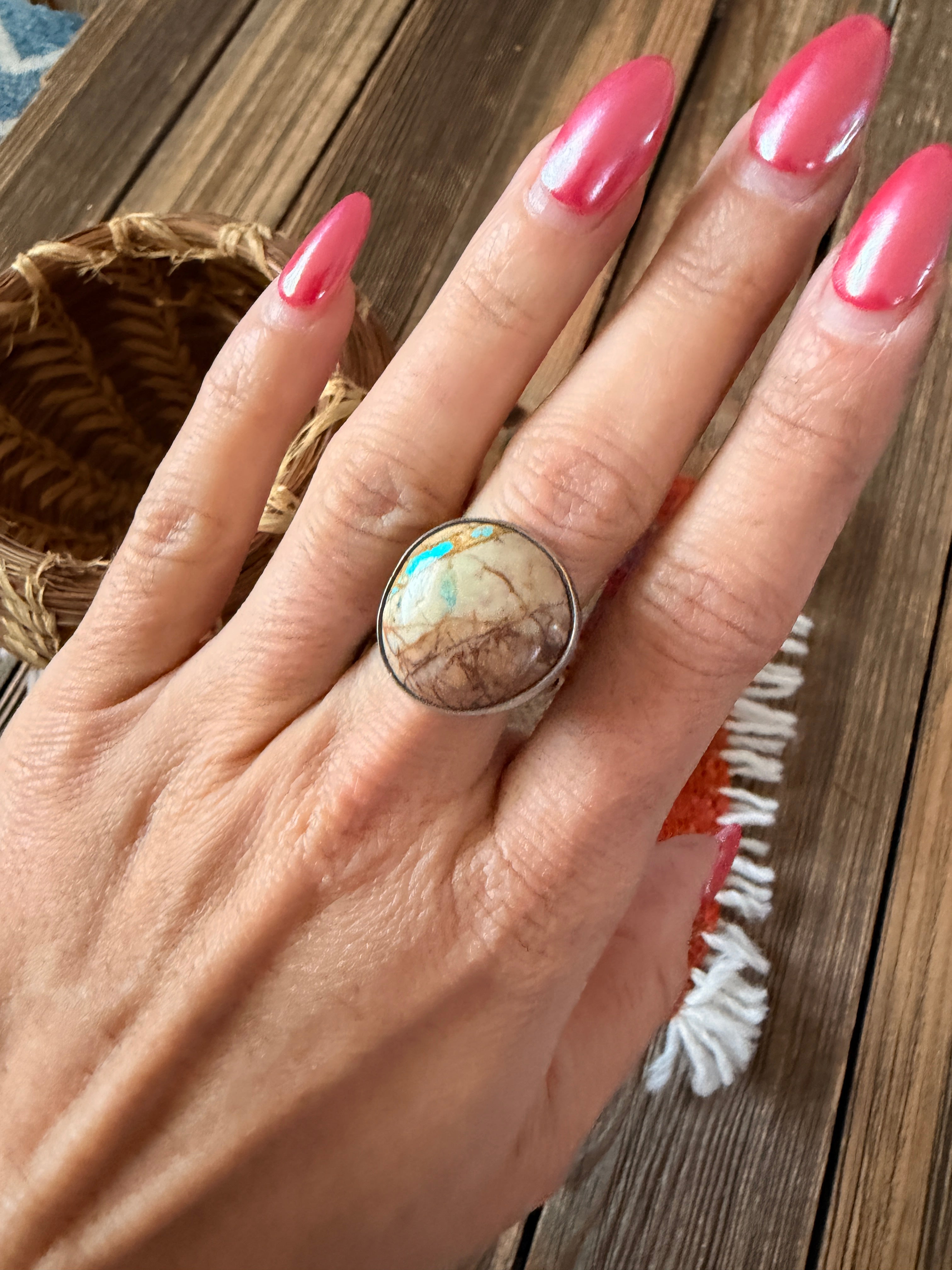 Handcrafted Ribbon Turquoise & Sterling Silver Ring Size 8.25