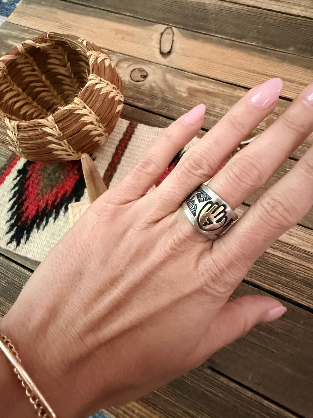 Old Pawn Handcrafted Copper & Sterling Silver Band Ring Size 7.5