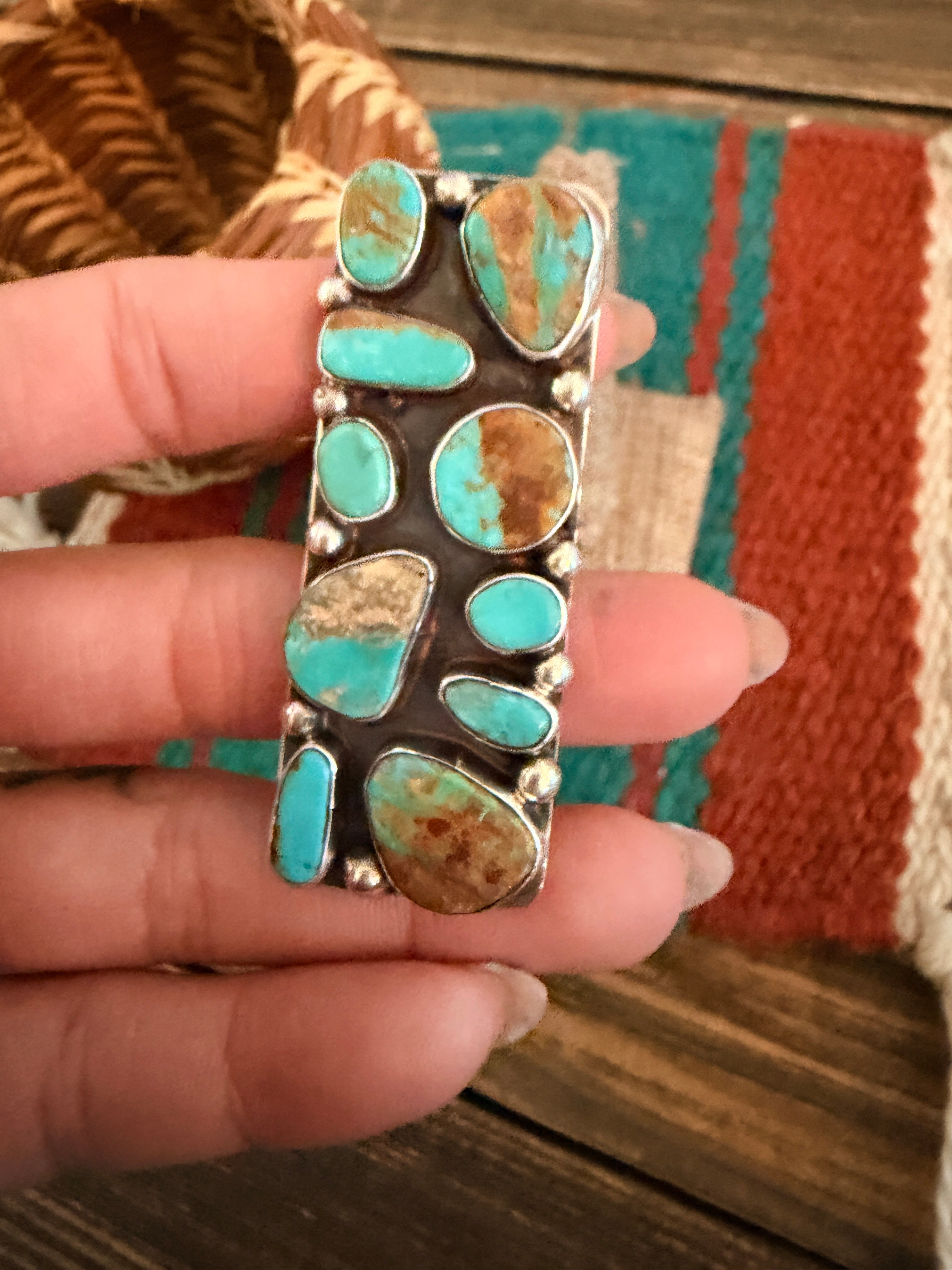 Handcrafted Royston Turquoise Sterling Silver Cluster Adjustable Ring by Jacqueline Silver